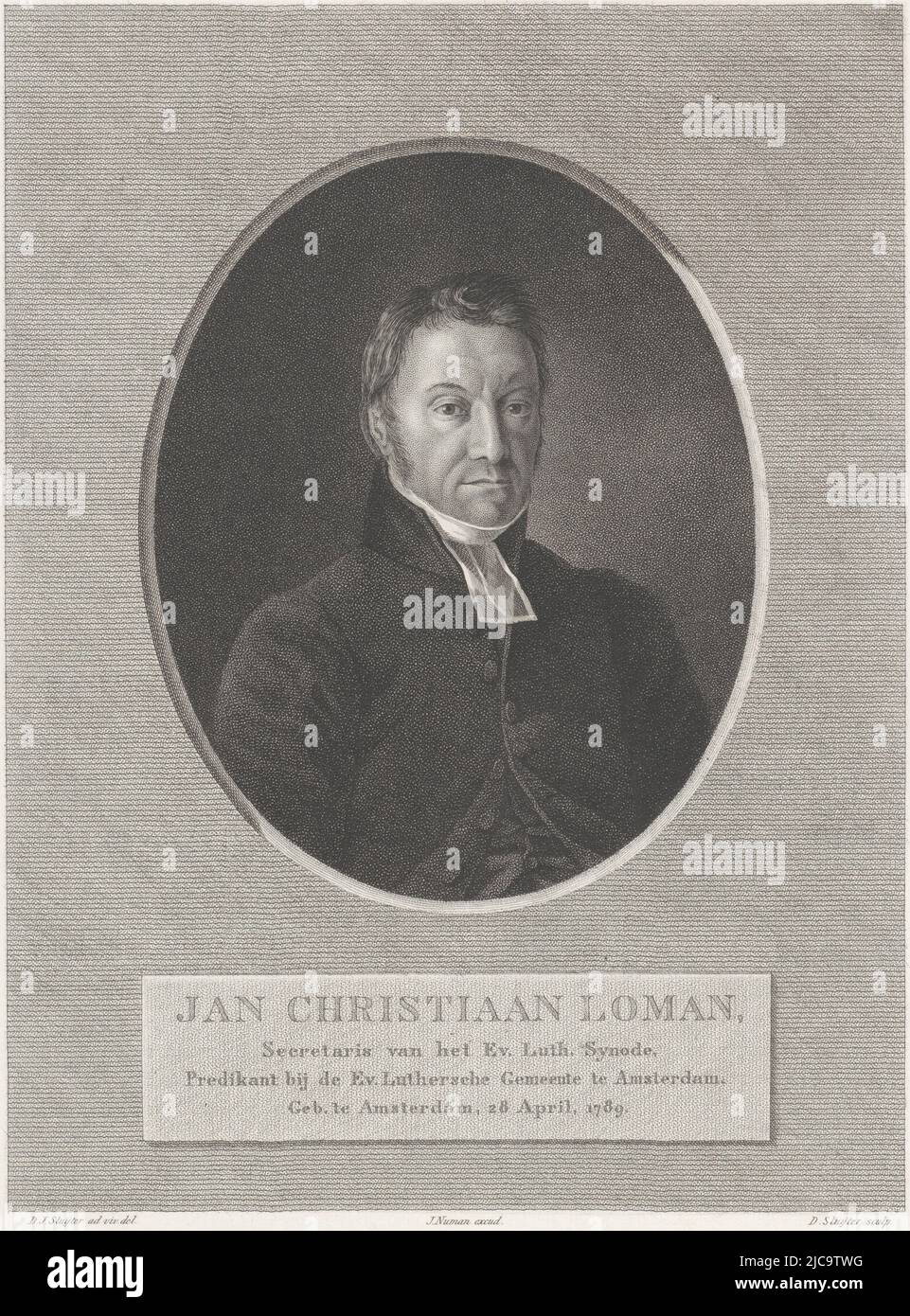 Porträt des lutherischen Pastors Jan Christiaan Loman, Druckerei: Dirk Sluyter, (auf Objekt erwähnt), Zeichner: Dirk Jurriaan Sluyter, (auf Objekt erwähnt), Verlag: Jan F. Numan, (auf Objekt erwähnt), Amsterdam, 1720 - 1730, Papier, Radierung, Gravur, H 356 mm × B 273 mm Stockfoto