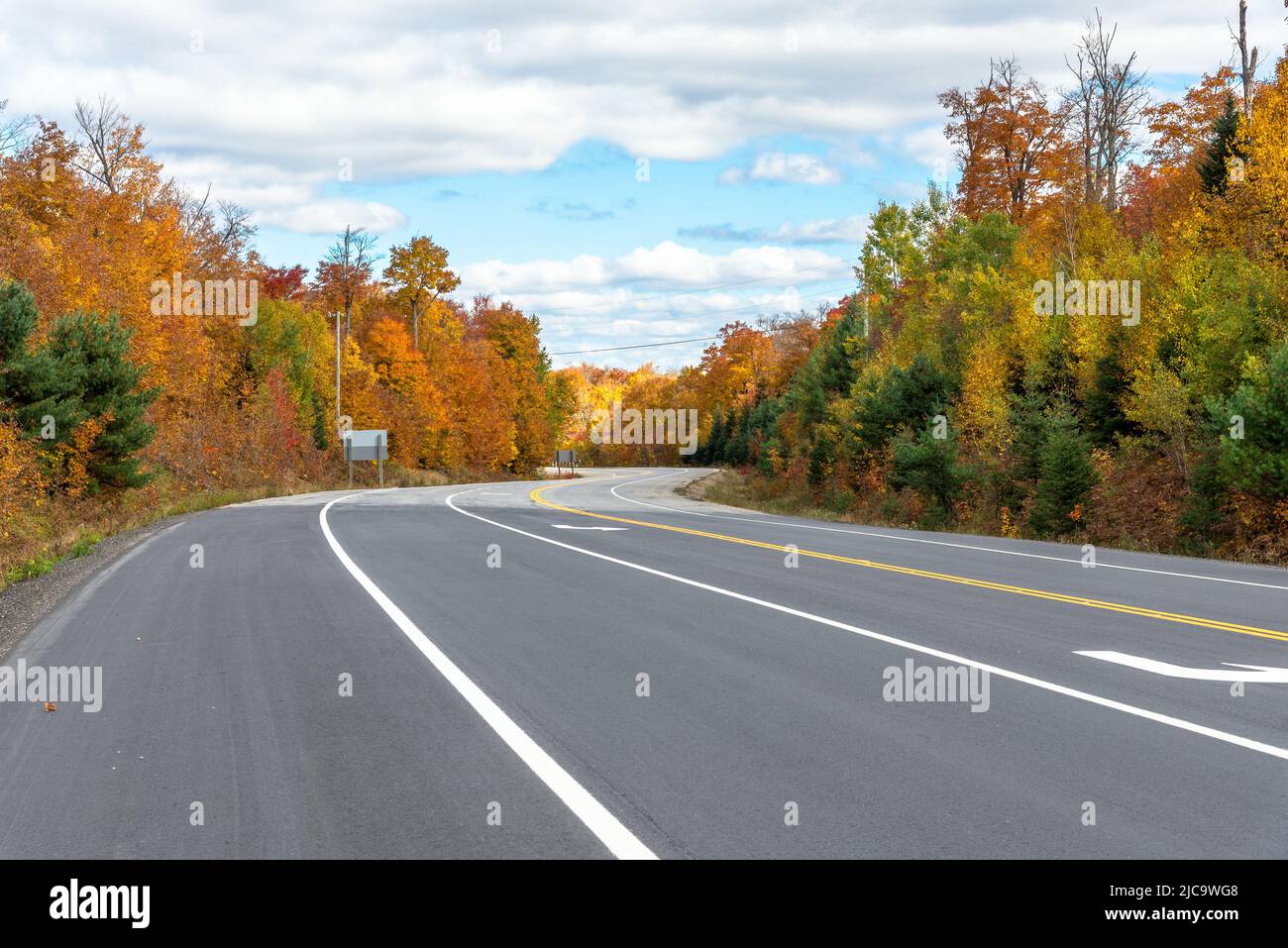 Verlassene, kurvenreiche Straße mit einer Abbiegelinie in der Mitte durch einen Wald von Deichern auf dem Gipfel des Herbstlaubes Stockfoto