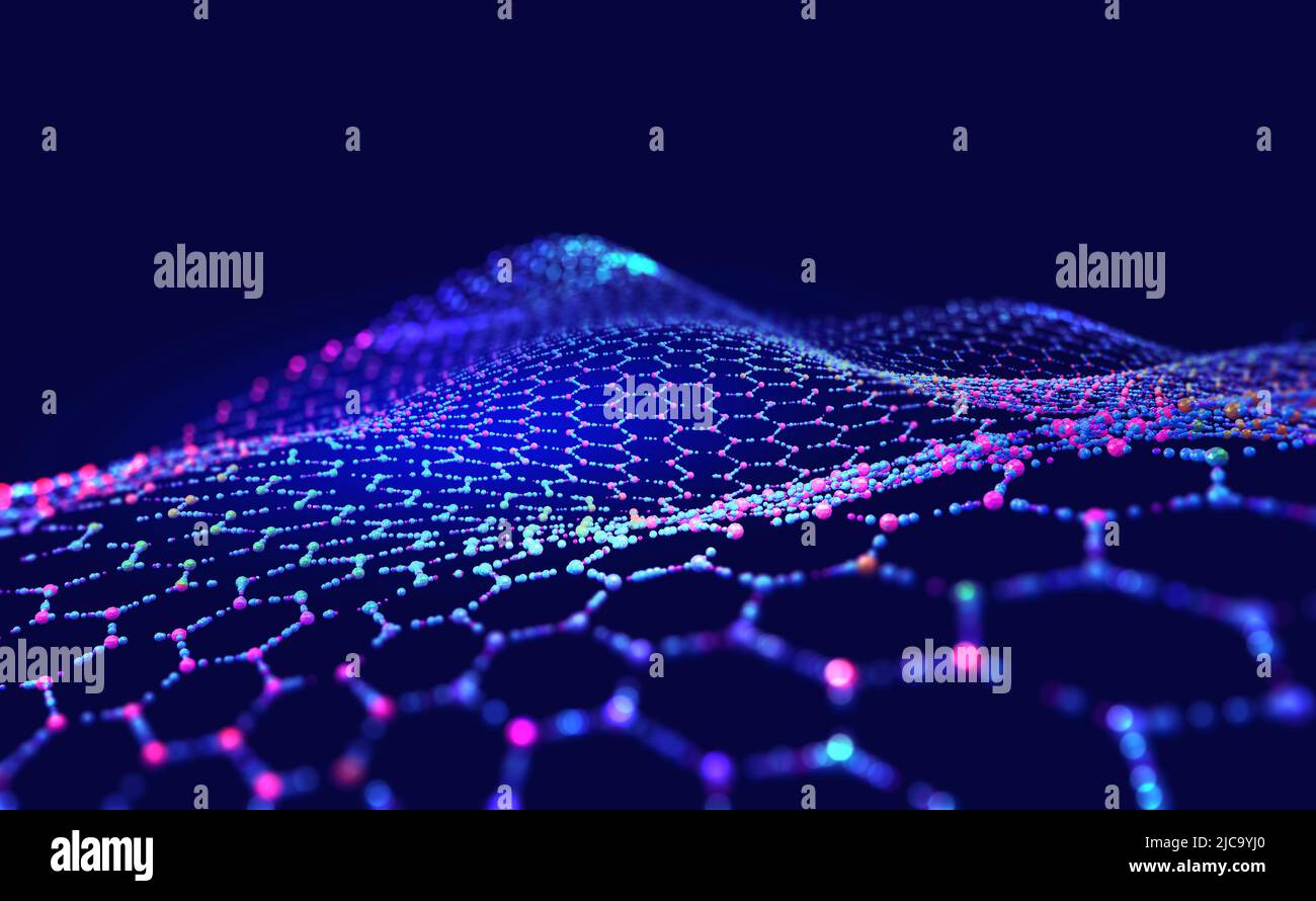 Sechseckiges Nano-Gitter. Molekulares Netzwerk verbundener Waben. Neuronales Netzwerk. Konzept der Nanotechnologie und Big Data. 3D Abbildung Stockfoto
