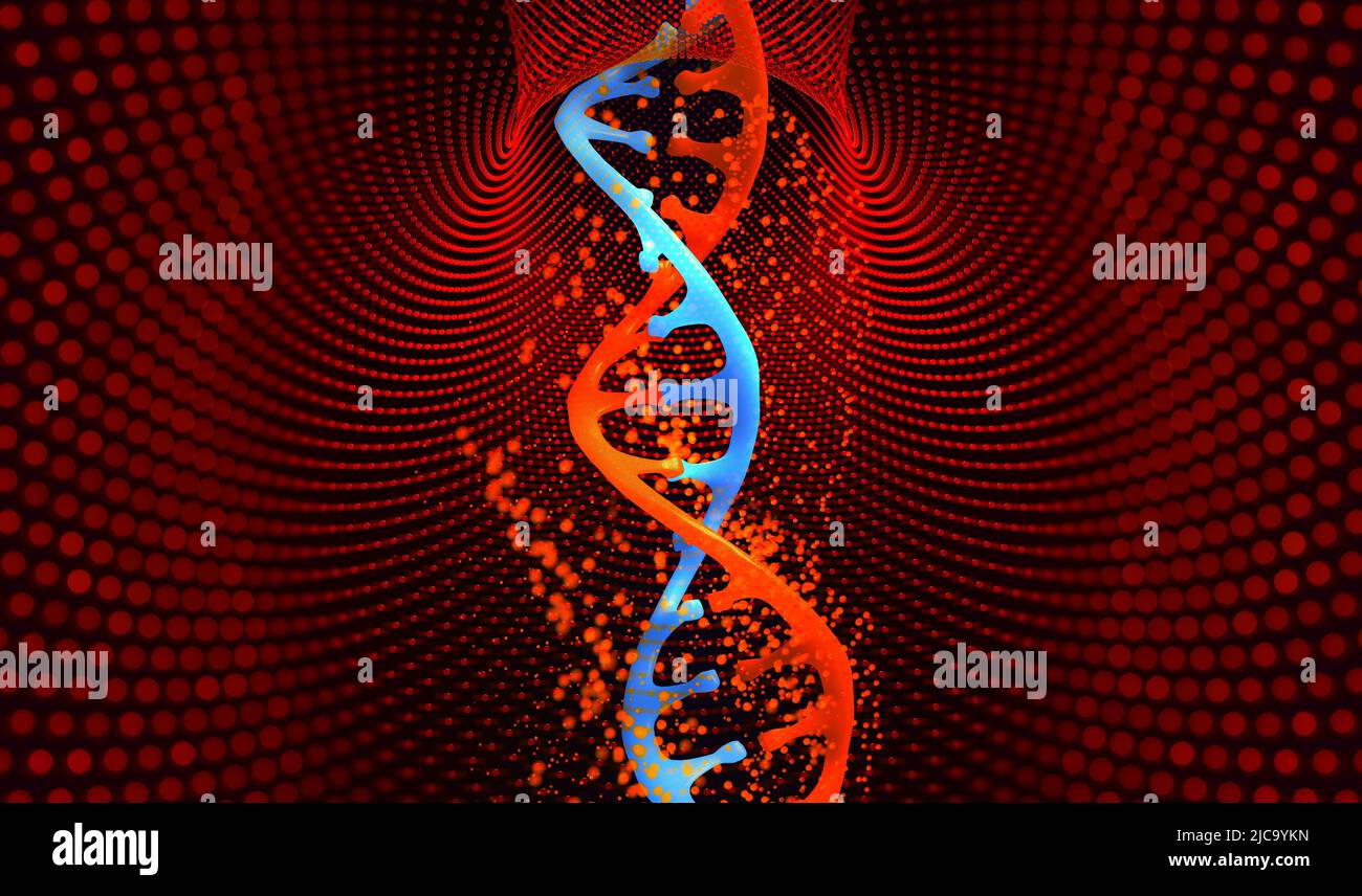 DNA-Genomforschung. Laborexperimente in der Gentechnik. DNA-Helix-Code-Dekodierung. 3D Illustration der medizinischen Hightech-Innovation Stockfoto