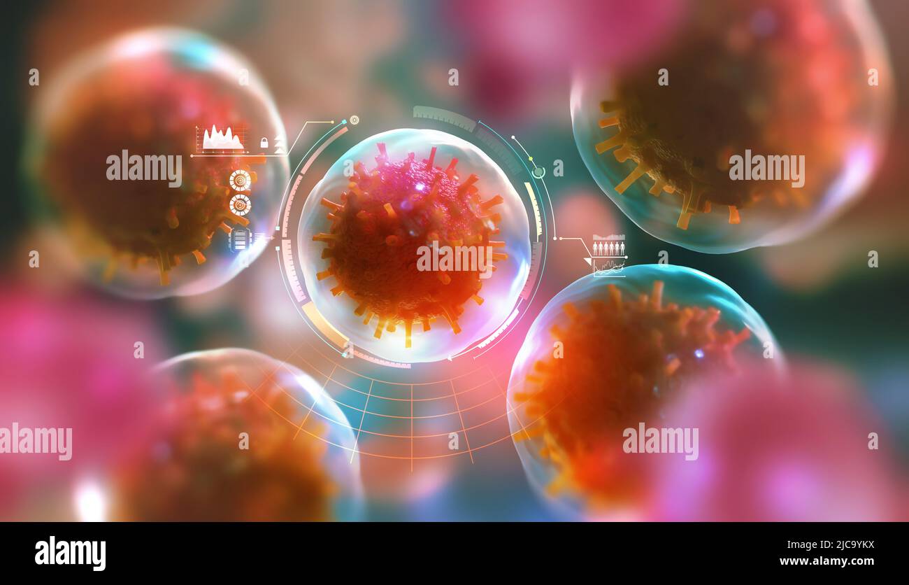 Moderne Forschung in der Mikrobiologie. Untersuchung von Viren, Mikroben und Bakterien. 3D Illustration zum Thema Zukunftsmedizin Stockfoto