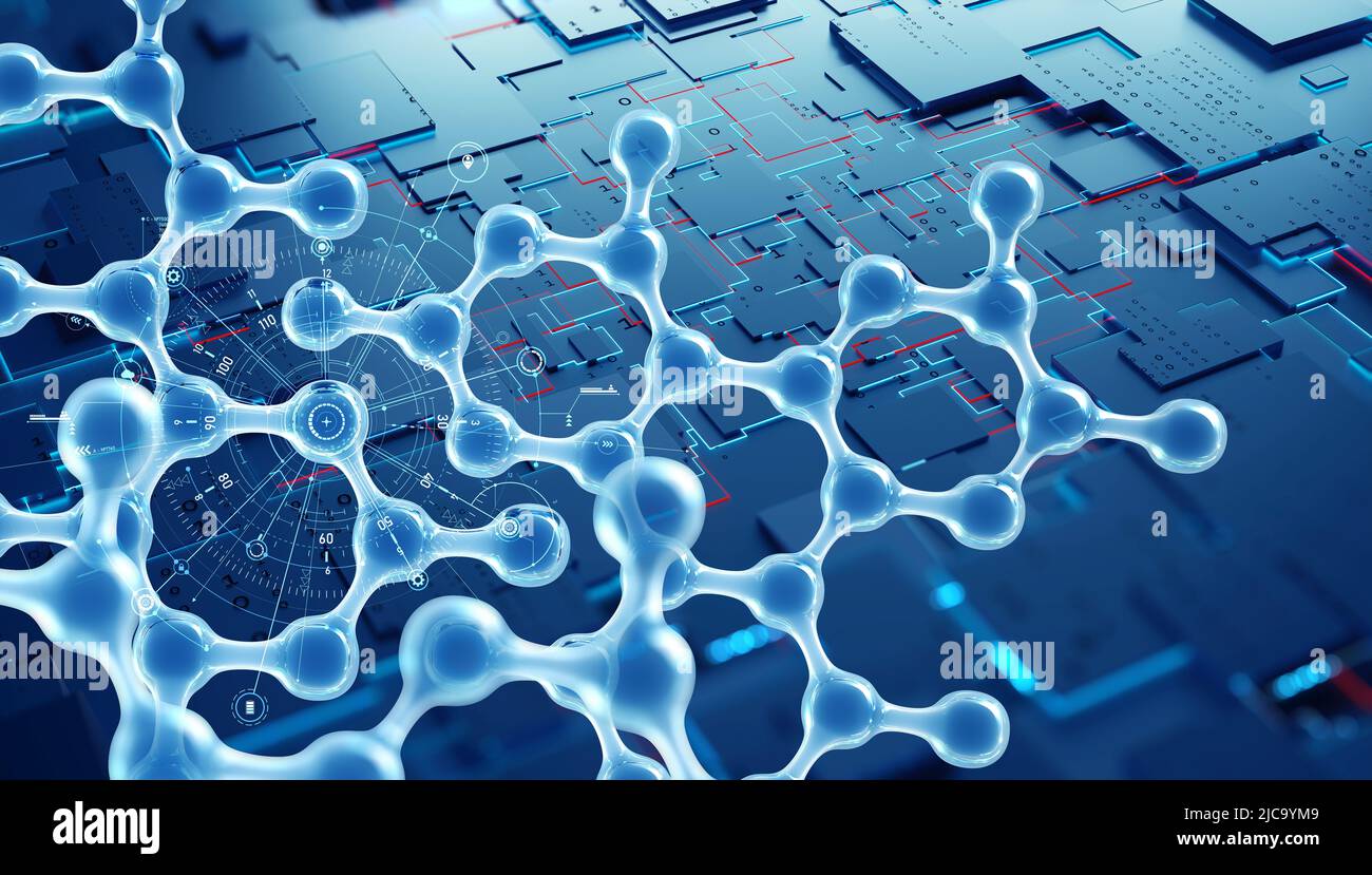 Molecular Technology 3D Illustration. Computerschaltung, Nanostruktur, Cyberforschung. Labortests, virtuelle Erfahrung Stockfoto