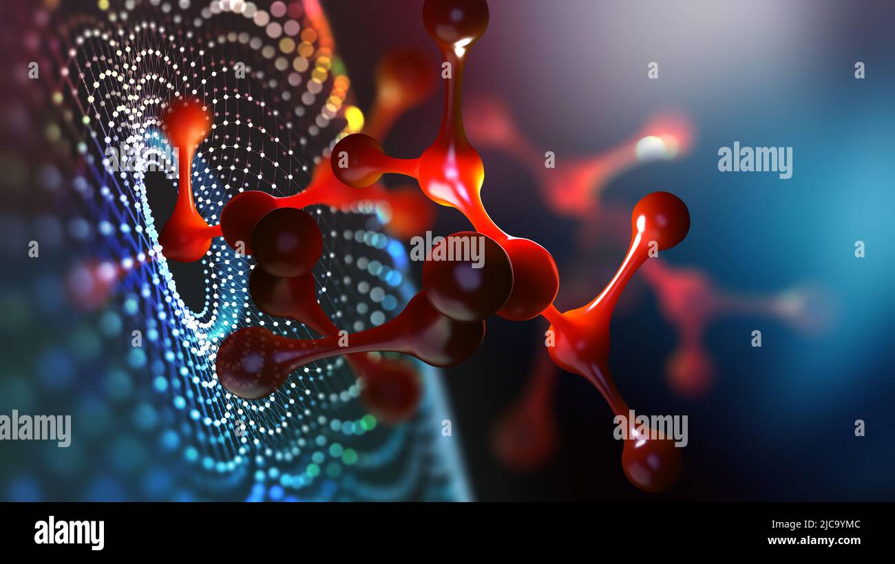 Abbildung des Moleküls 3D. Computersimulation und Laborexperimente. Entschlüsselung des Genoms. Virtuelle Modellierung chemischer Prozesse. Hightech in der Medizin Stockfoto