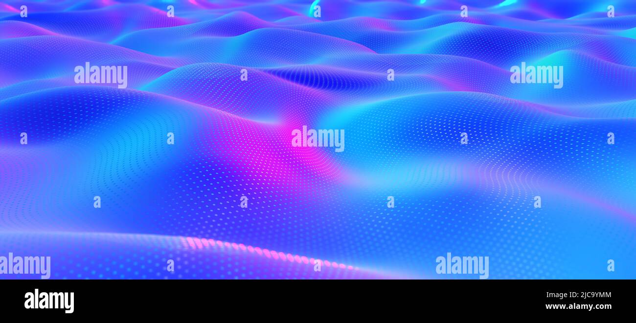 Abbildung Welle 3D, Farbfluss, Feldüberläufe, Punkte im Raum. Gebogene Oberfläche, Neon, violetter Vollfarbbildschirm Stockfoto
