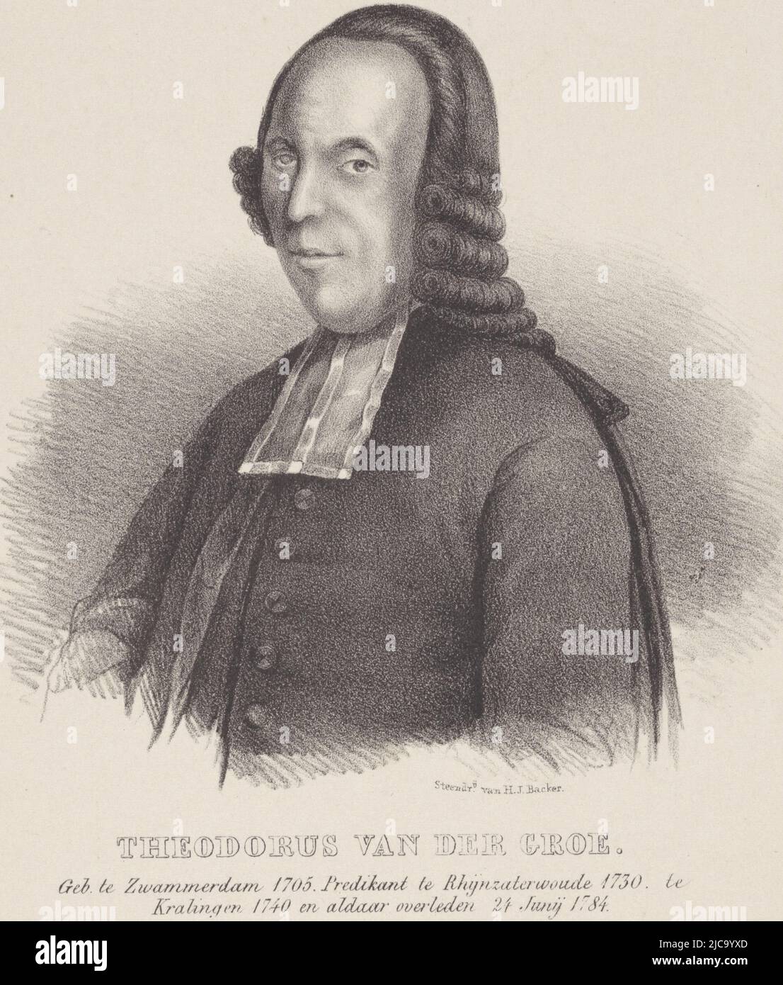 Unter dem Porträt Name, Beruf, Geburtsdatum und Tod der porträtierten Person unter einigen Versen, Porträt des Theodorus van der Groe, Druckerei: Anonym, Drucker: Hilmar Johannes Backer, (Objektbezeichnung), Dordrecht, 1822 - 1845, Papier, H 250 mm × B 160 mm Stockfoto