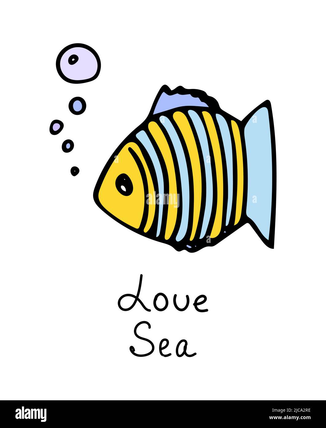 Farbige Fische mit Luftblasen im Doodle-Stil. Schriftzug Love Sea. Designelemente. Stock Vektor