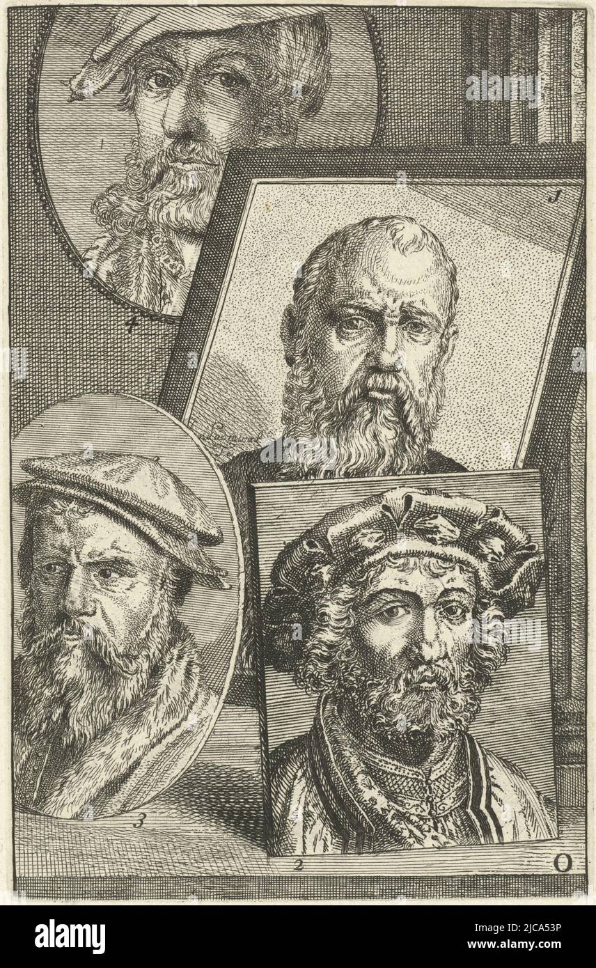 Vier nummerierte Künstlerporträts Porträt von Jan Cornelisz Vermeyen Nr. 1, Jan Gossaert Nr. 2, Joos van Cleve Nr. 3 und Heinrich Aldegrever Nr. 4 Drucken markiert unten rechts: O, Porträt von Jan Cornelisz Vermeyen, Jan Gossaert, Joos van Cleve und Heinrich Aldegrever, Druckerei: Jan l'Admiral, (auf Objekt erwähnt), 1764, Papier, Radierung, H 153 mm × B 99 mm Stockfoto