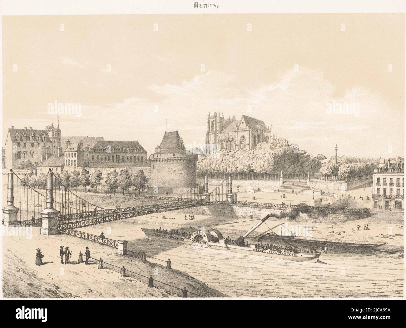 Ansicht des Schlosses und der Pont de la Rotonde über der Loire in Nantes Nantes Vue du chteau et du pont de la Rotonde Zeitgenössisches Frankreich La France de nos jours , Druckerei: Léon Auguste Asselineau, (auf Objekt erwähnt), Zeichner: Léon Auguste Asselineau, (auf Objekt erwähnt), Drucker: Destouches, (auf Objekt erwähnt), Druckerei: Rouen, Zeichner: Rouen, Drucker: Paris, Verlag: Paris, 1853 - 1856, Papier, H 291 mm × B 434 mm Stockfoto