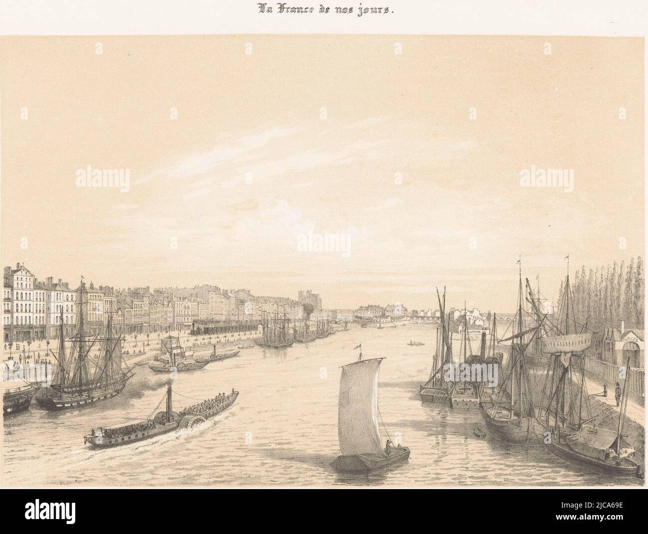 Ansicht des Anlegekacks der Loire in Nantes Quai de la Fosse a Nantes Contemporary France La France de nos jours auf Objekt, Druckerei: Léon Auguste Asselineau, (auf Objekt erwähnt), Léon Auguste Asselineau, (auf Objekt erwähnt), Druckerei: Destouches, (Auf Objekt genannt), Druckerei: Rouen, Rouen, Drucker: Paris, Verlag: Paris, 1853 - 1856, Papier, H 291 mm × B 434 mm Stockfoto