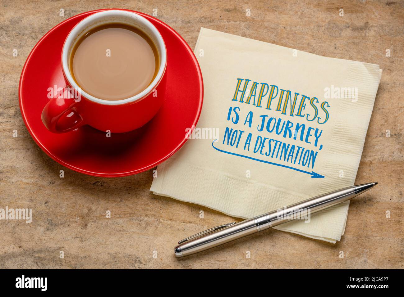 Glück ist eine Reise, kein Ziel, inspirierende Note - Handschrift auf Serviette mit einer Tasse Kaffee, persönliches Entwicklungskonzept Stockfoto