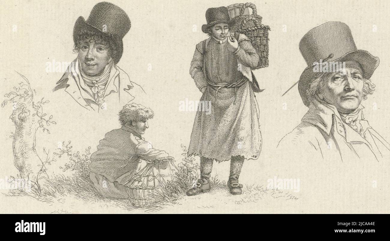 Ein sitzender und ein stehender Mann mit je einem Korb zwischen den Porträts der Künstler Thomas Ferdinand Joseph Bianchi und Gabriel van Rooyen, zwei Männer mit Körben und den Porträts von T Bianchi und G van Rooyen, Druckerei: Jacob Ernst Marcus, Zeichner: Hendrik Willem Caspari, Amsterdam, 1809, Papier, Radierung, H 100 mm × B 178 mm Stockfoto