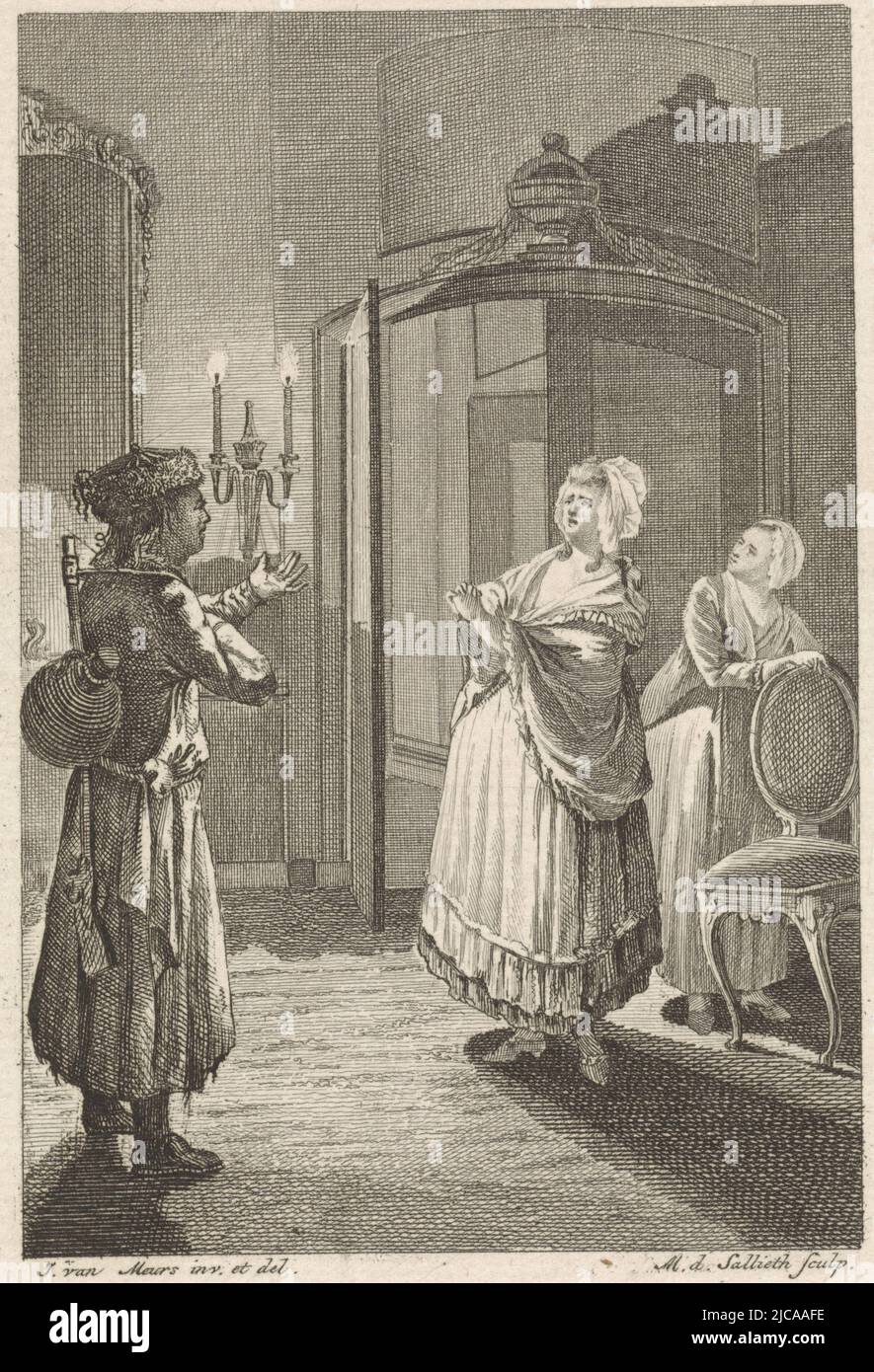 Zwei Frauen blicken erschrocken auf den Eingang eines Raumes, auf einen Mann in exotischer Kleidung Druck oben Mitte: III, drei Figuren in einem Raum, Druckerei: Mathias de Sallieth, (auf Objekt erwähnt), Zeichner: Jacobus van Meurs, (auf Objekt erwähnt), Jacobus van Meurs, (auf Objekt erwähnt), 1770 - 1791, Papier, Radierung, Gravur, H 181 mm × B 109 mm Stockfoto