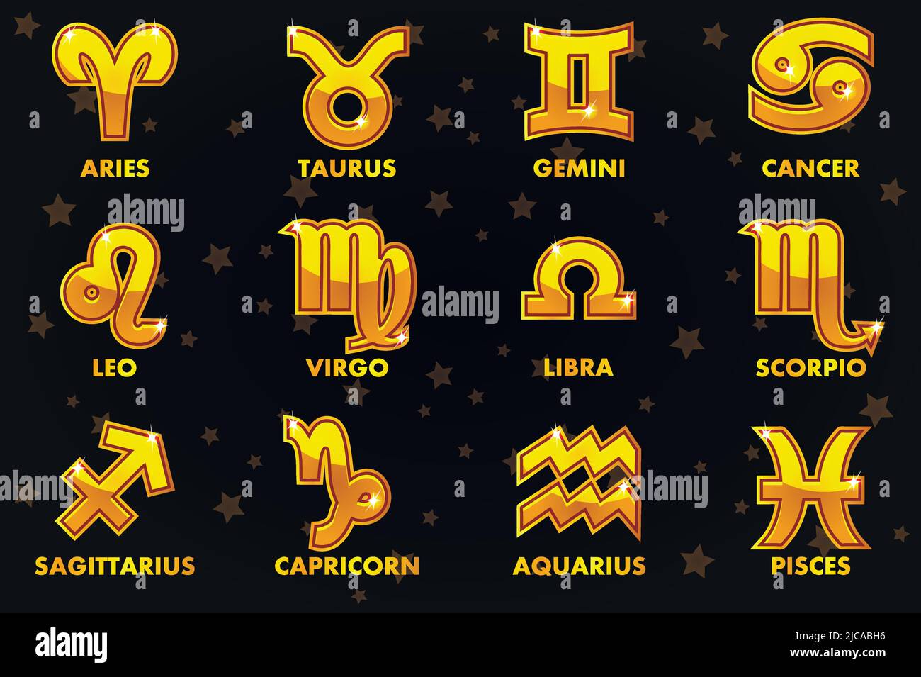 Set Vector Gold Astrology Zeichen auf schwarzem Hintergrund, 12 Tierkreis Stock Vektor
