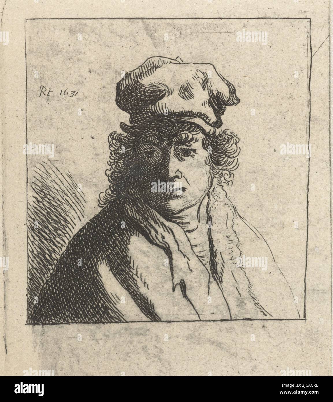 Junger Mann mit Mütze: Büste, Druckerei: Anonym, Rembrandt van Rijn, (auf Objekt erwähnt), Verlag: Pierre François Basan, 1807 - 1808, Papier, Radierung, H 80 mm × B 70 mm Stockfoto