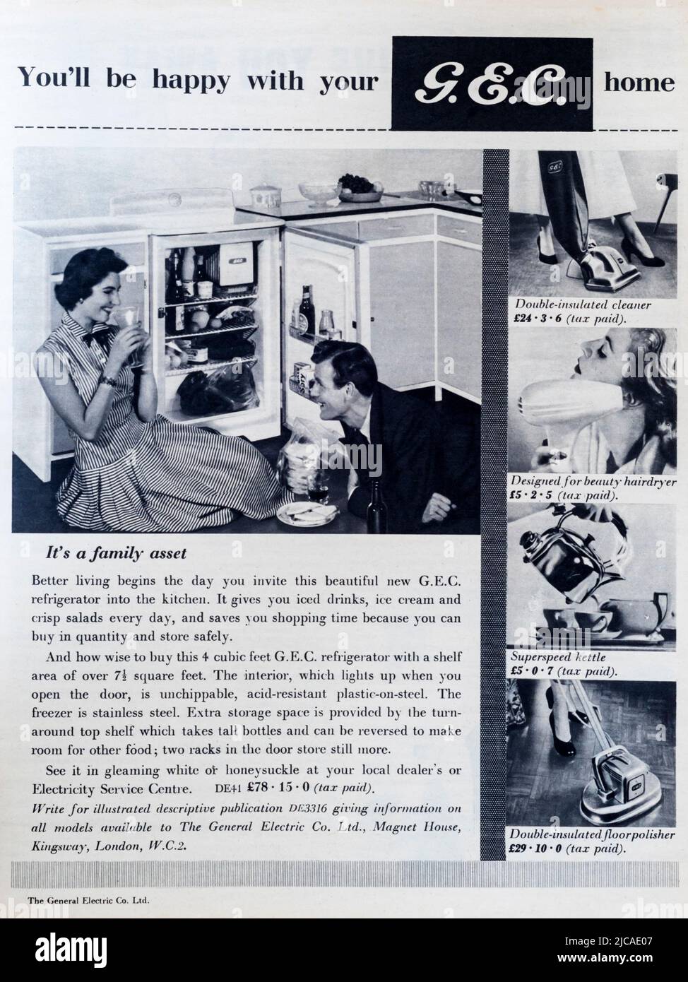 1950s Zeitschriftenwerbung für GEC-Haushaltsgeräte. Stockfoto