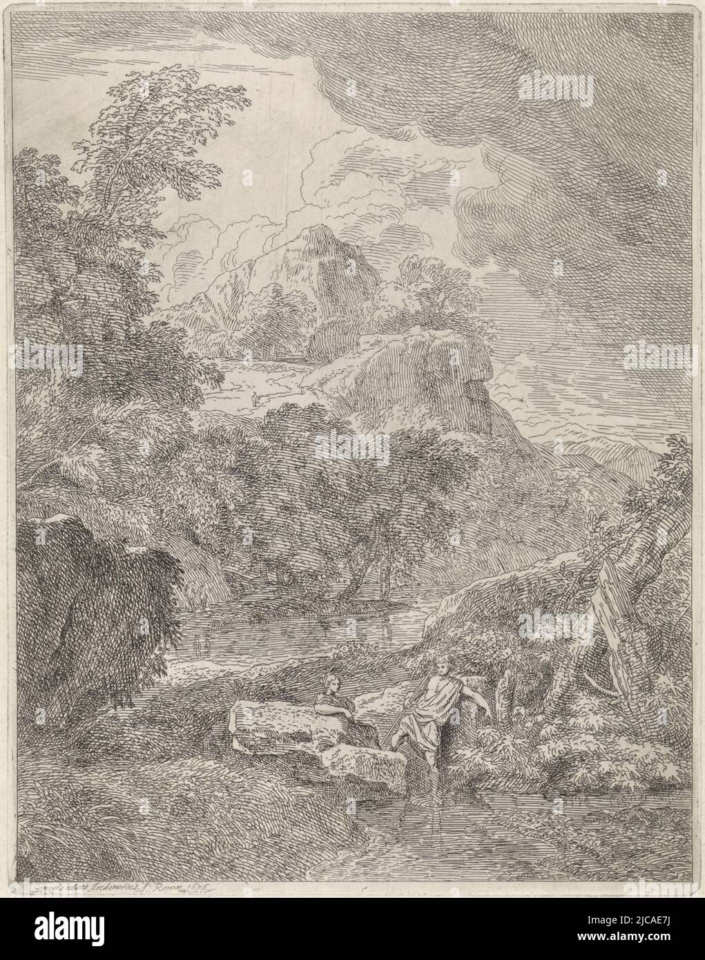 Eine bergige Landschaft mit einem kleinen Fluss im Vordergrund durch den Fluss zwei Hirten Ruhe, Arcadian Landschaft mit Fluss, Druckerei: Abraham Genoels, (erwähnt auf Objekt), Abraham Genoels, Rom, 1676, Papier, Radierung, B 150 mm × H 193 mm Stockfoto