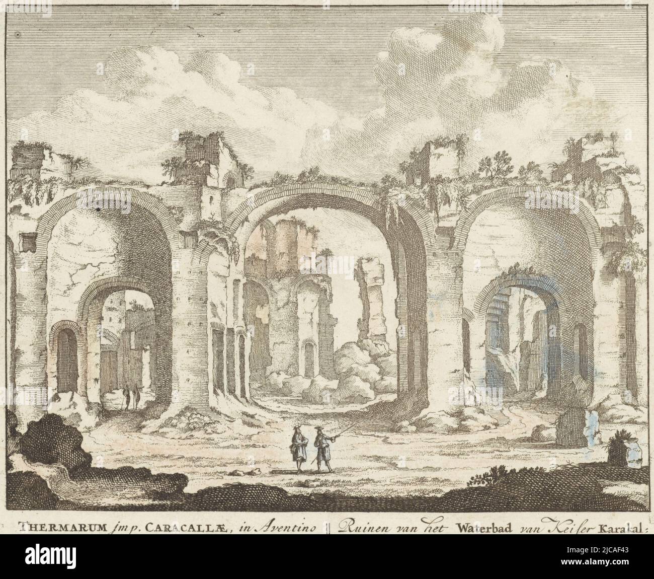 Caracalla-Thermen Ruinen des Wasserbades von Kaiser Caracalla, auf der Aventyn-Ansicht von Rom , Herausgeber: Pieter Schenk (I), Druckerei: Anonym, unbekannt, (Objektverriegungen), 1675 - 1711, Papier, Ätzen Stockfoto