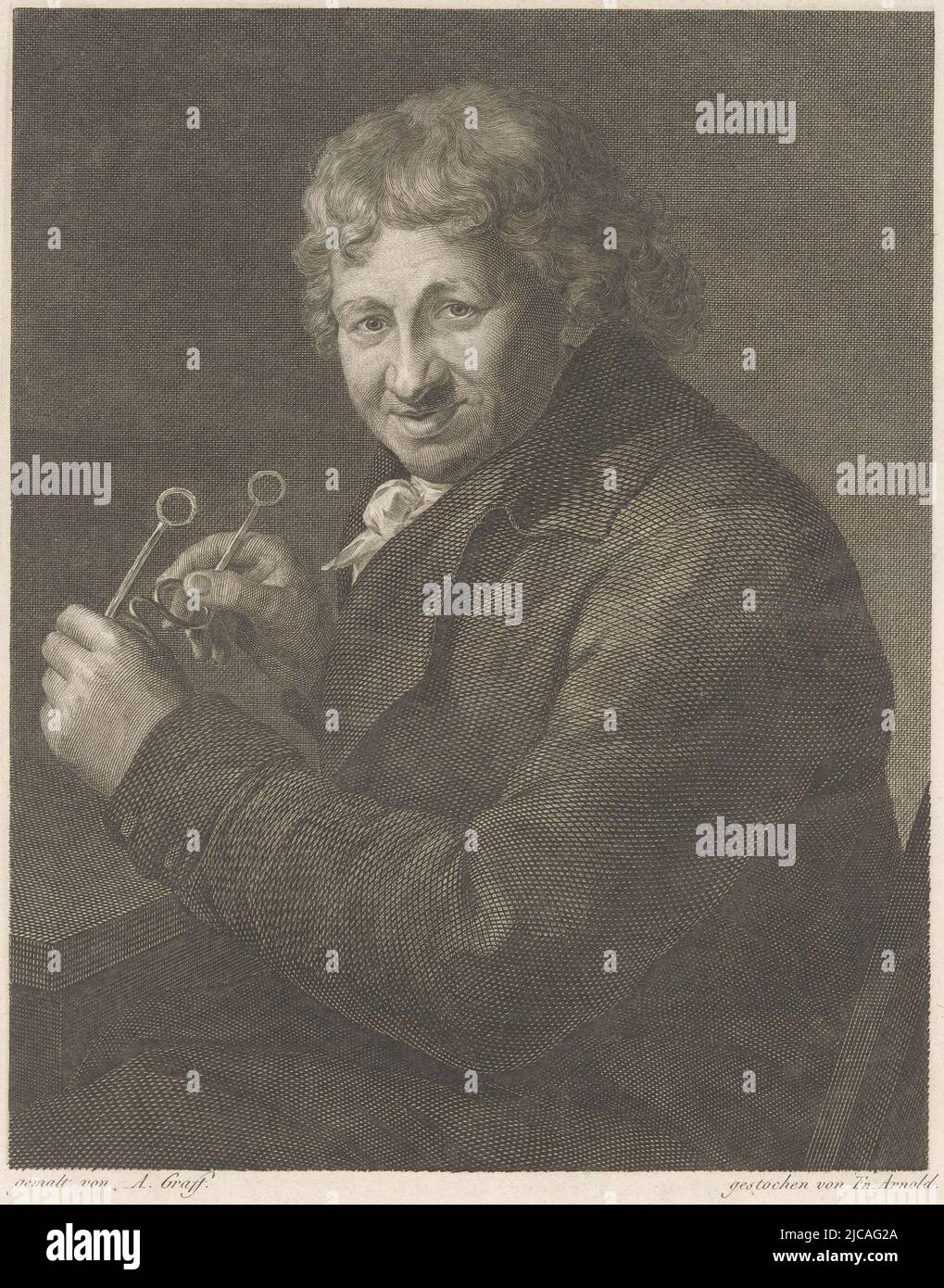 Porträt von Daniel Nikolaus Chodowiecki mit Brille Daniel Chodowiecki , Druckerei: Johann Friedrich Arnold, (auf Objekt erwähnt), nach: Anton Graff, (auf Objekt erwähnt), Verlag: Ludwig David Jacoby, (auf Objekt erwähnt), Druckerei: Deutschland, nach: Deutschland, Verlag: Berlin, 1800 - 1809, Papier, Gravur, H 296 mm × B 215 mm Stockfoto