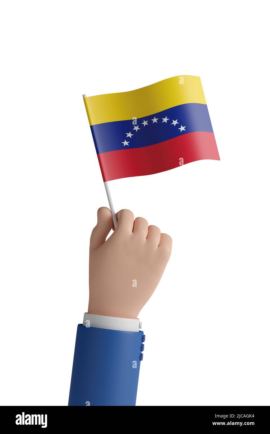 Cartoon Hand mit der Flagge von Venezuela. 3D Abbildung. Stockfoto
