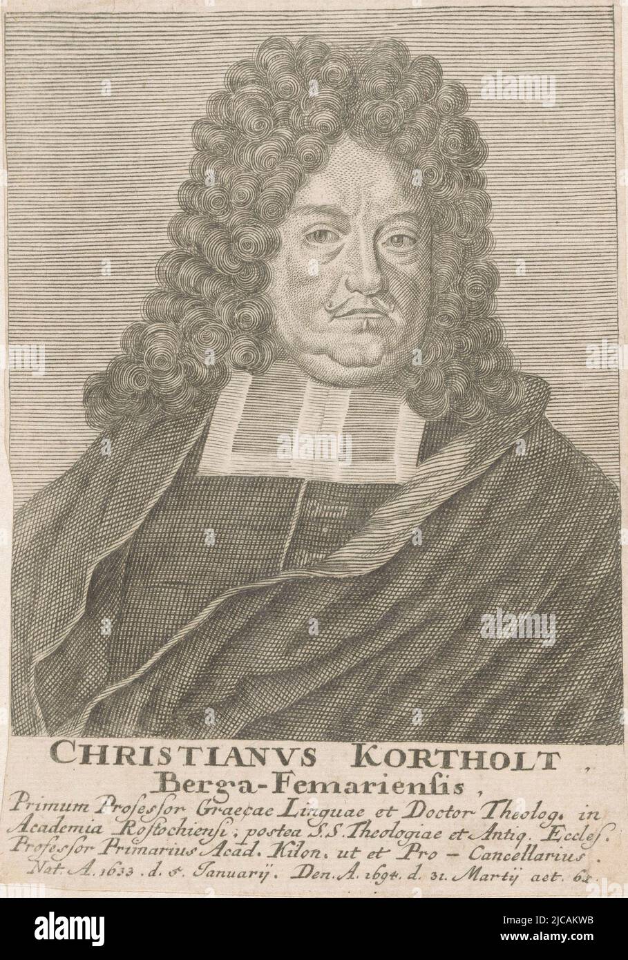 Porträt von Christian Kortholt, Druckerei: Tobias Gabriel Beck, (möglicherweise), Druckerei: Anonym, Neurenberg, 1695 - 1755, Papier, Gravur, Radierung, H 148 mm × B 105 mm Stockfoto