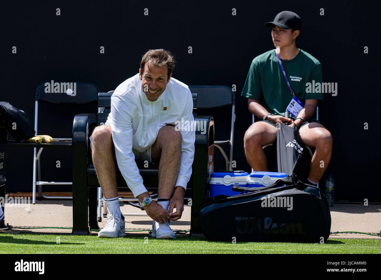 Birmingham, GROSSBRITANNIEN. Juni 11, 2022. Greg Rusedski (GBR) und Sorana Cirstea (ROU) gegen Marcos Baghdatis (CYP) und Petra Kvitova (ZCE) spielten am Samstag, den 11. Juni 2022, während des Rothesay Classic Birmingham 2022 im Edgbaston Priory Club in Birmingham ENGLAND. Kredit: Taka G Wu/Alamy Live Nachrichten Stockfoto