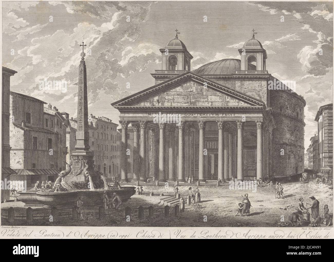 Blick auf die Piazza della Rotonda in Rom mit dem Pantheon und der Fontana del Pantheon Titel im unteren Rand auf Italienisch und Französisch, Pantheon Veduta del Panteon d'Agrippa in oggi chiesa di S Maria ad Martyres comunemente detta la Rotonda , Druckerei: Francesco Barbazza, (auf Objekt erwähnt), Zeichner: Paolo Barbazza, (auf Objekt erwähnt), Herausgeber: Agapito Franzetti, (auf Objekt erwähnt), Druckerei: Italien, Zeichner: Italien, Verleger: Rom, c. 1775 - c. 1785, Papier, Gravur, Radierung, H 367 mm × B 480 mm Stockfoto