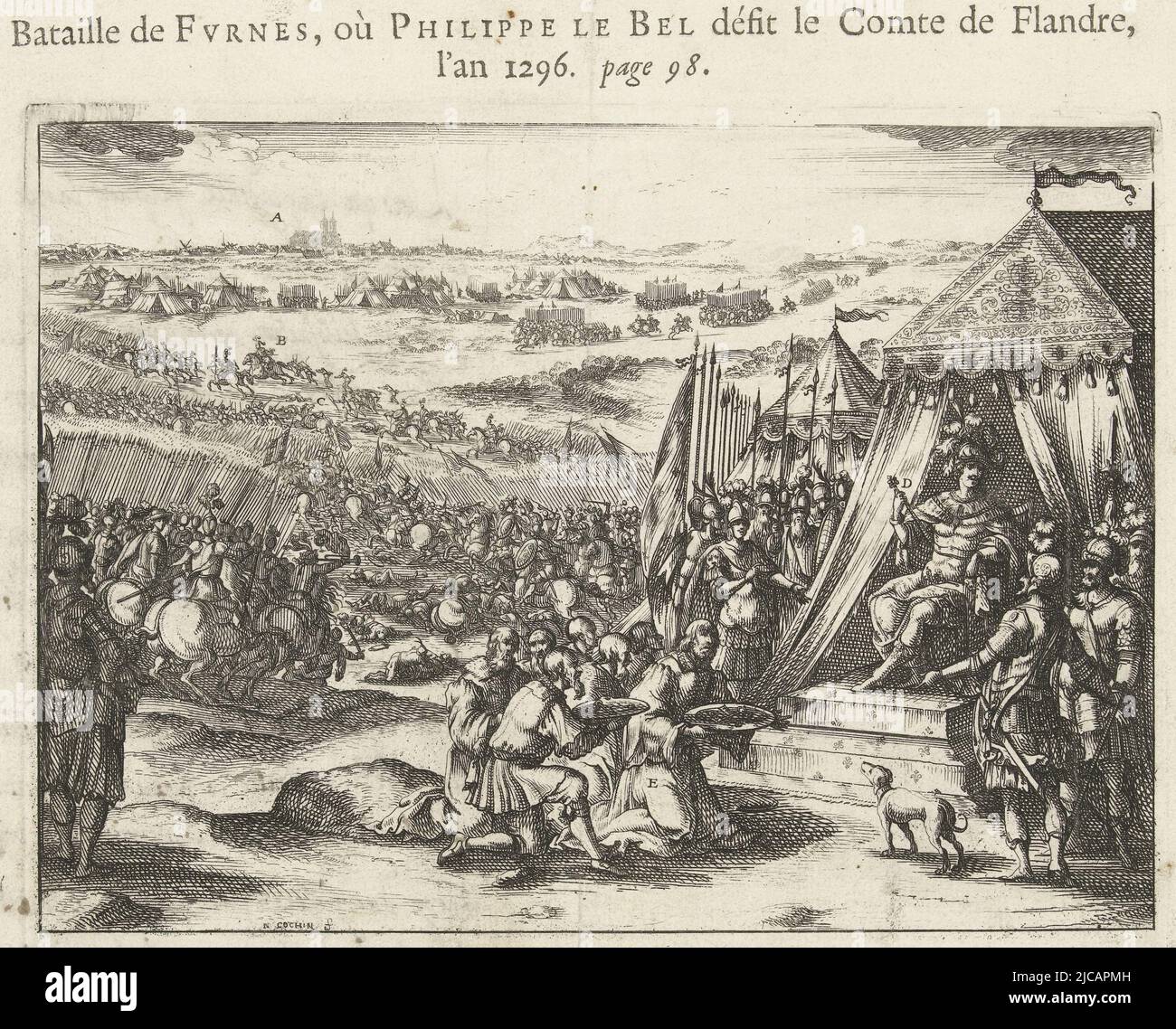Der französische König Philipp IV. Der schöne besiegt den Grafen von Flandern bei Veurne Furnes im Jahre 1296 das Bild zeigt die Schlacht, die fliehenden Armeen von Guy von Dampierre, den Grafen von Flandern im Vordergrund, die Flemings, knieend, Überreichen Sie Philipp IV. Die Schlüssel ihrer Städte auf dem Blatt unter der Tafel die Legende A-E auf Französisch, Philipp IV. Der schöne besiegt den Grafen von Flandern in Veurne, 1296 Bataille de Furnes, ou Philippe le Bel d, Druckerei: Nicolas Cochin, (erwähnt auf Objekt), Frankreich, 1620 - 1686, Papier, Radierung, Gravur, Buchdruck, H 167 mm × B 220 mm, H 238 mm × B 322 mm Stockfoto