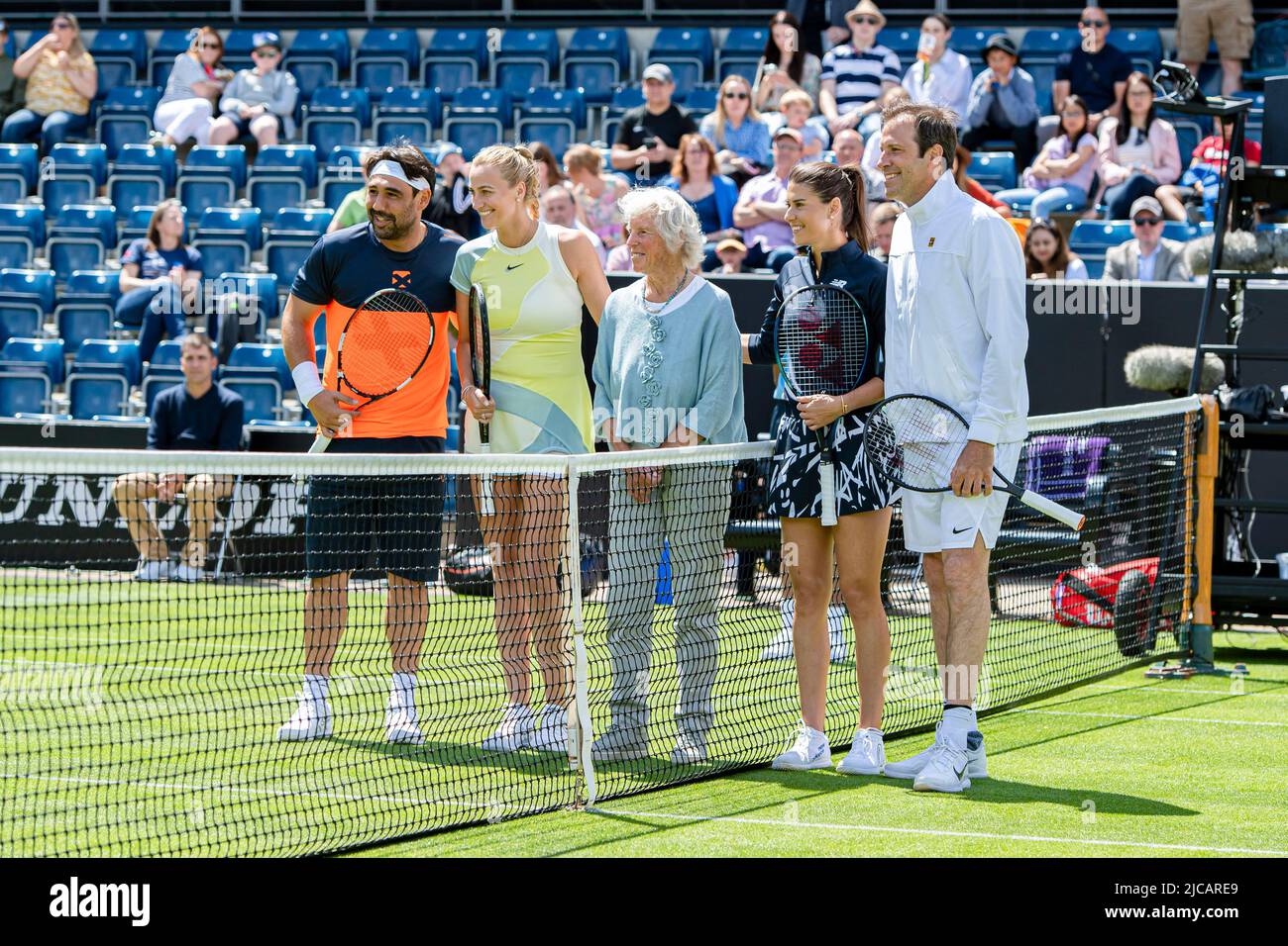 Birmingham, GROSSBRITANNIEN. Juni 11, 2022. Greg Rusedski (GBR) und Sorana Cirstea (ROU) gegen Marcos Baghdatis (CYP) und Petra Kvitova (ZCE) spielten am Samstag, den 11. Juni 2022, während des Rothesay Classic Birmingham 2022 im Edgbaston Priory Club in Birmingham ENGLAND. Kredit: Taka G Wu/Alamy Live Nachrichten Stockfoto