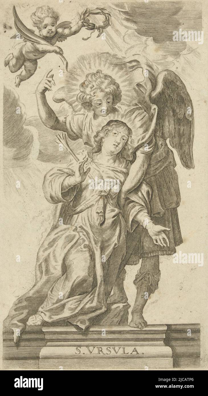 Martyrium der heiligen Ursula mit Pfeil in der Brust und unterstützt von Engel S Vrsvla , Pieter de Bailliu (I), Druckerei: Anonym, Theodoor van Thulden, 1623 - 1710, Papier, Gravur, H 251 mm × B 140 mm Stockfoto