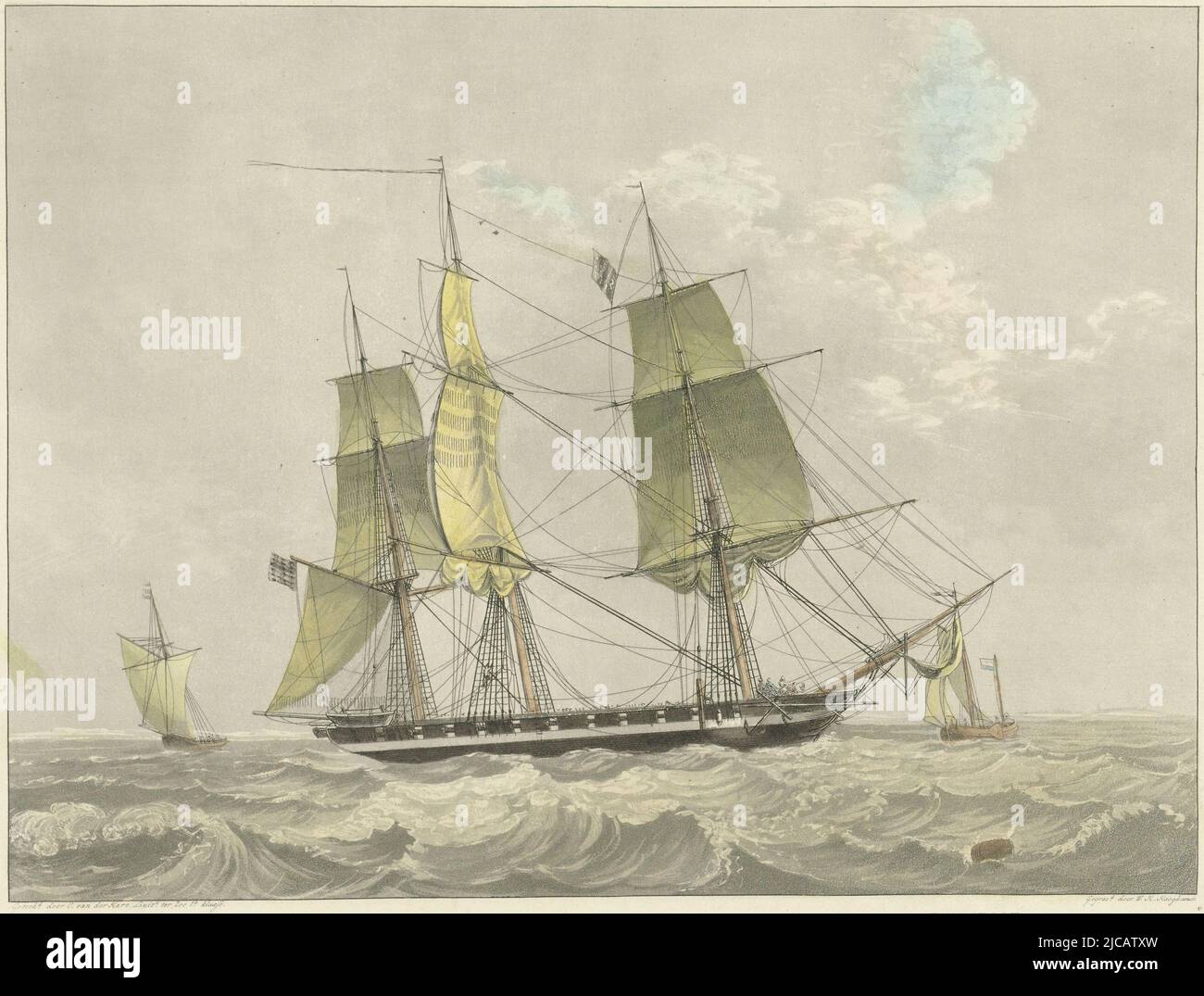 Segelschiff, Beiboot und Lotsenboot auf dem Wasser amerikanische Kriegskorvette an der niederländischen Küste, mit dem Lotsenboot warten, Druckerei: Willem Hendrik Hoogkamer, (auf Objekt erwähnt), Zeichner: C. van der Hart (Luitenant), (auf Objekt erwähnt), Niederlande, 1800 - 1864, Papier, Ätzung, H 315 mm × B 387 mm Stockfoto