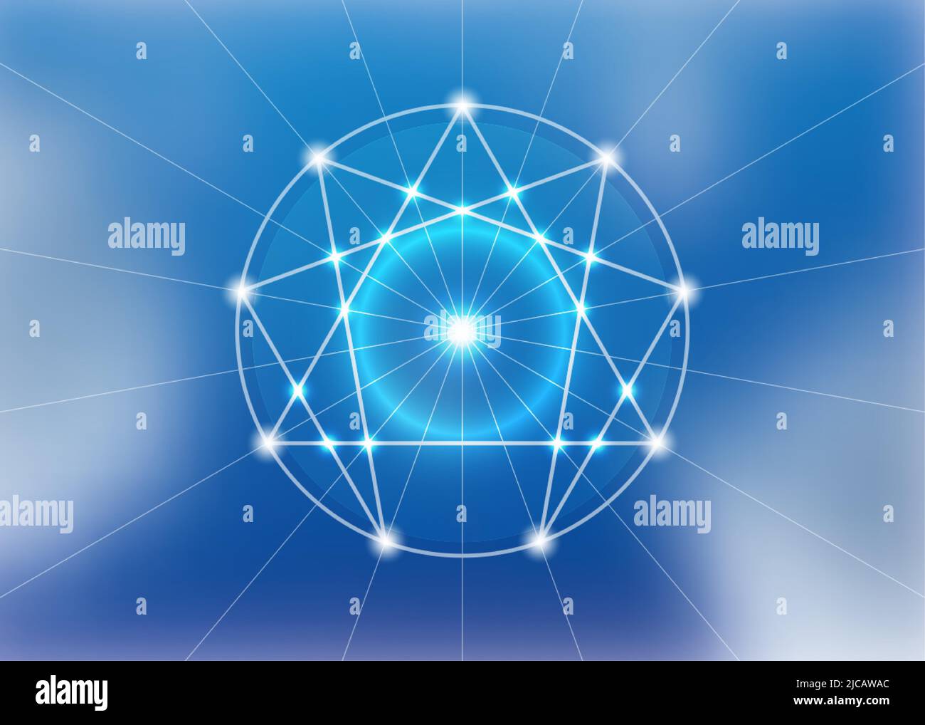 Enneagram Symbol, heilige Geometrie, Diagramm Logo Vorlage, weiße Neon-Licht-Stil, Vektor-Illustration isoliert auf blauem Himmel Hintergrund Stock Vektor