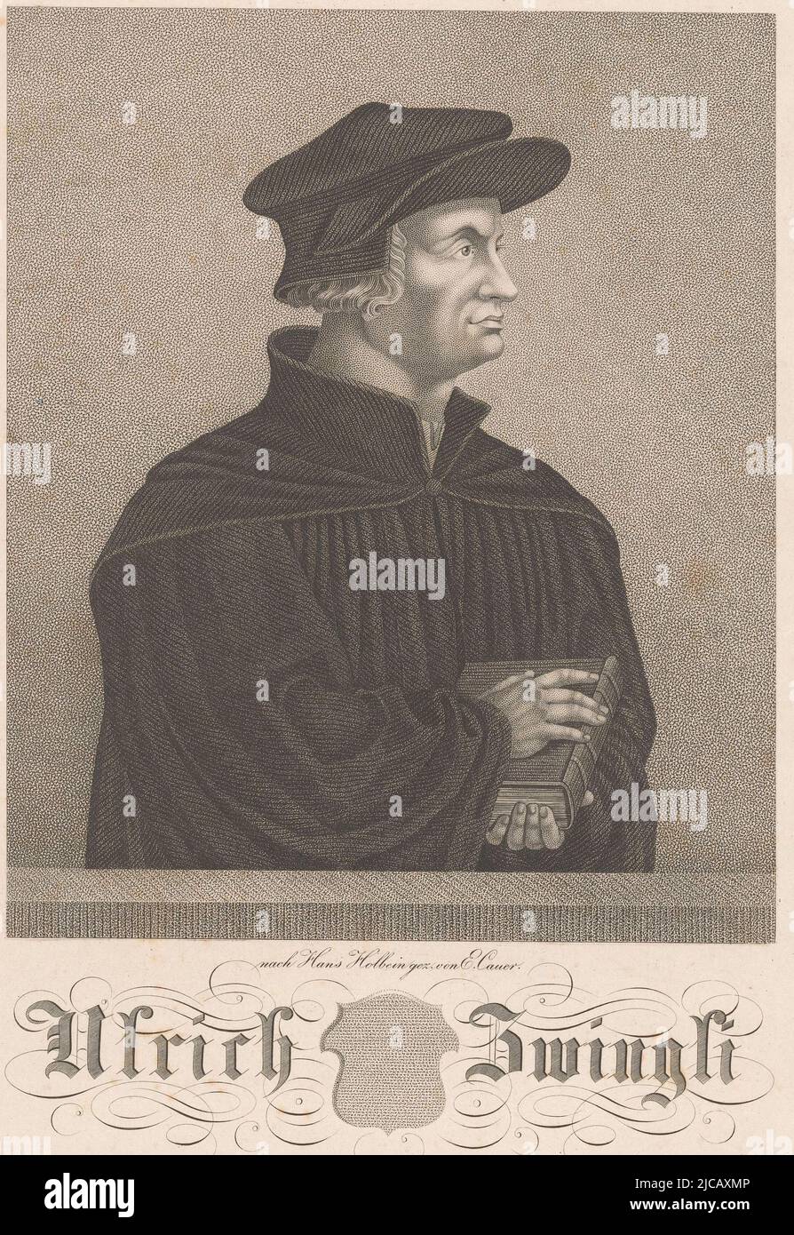 Porträt der Ulrich Zwingli-Kirchenreformatoren, Druckerei: C. Schulgen-Bettendorff, (auf Objekt erwähnt), Zwischenzeichner: Emil Cauer (I), (auf Objekt erwähnt), danach: Hans Holbein (II), (auf Objekt erwähnt), Bonn, 1822 - 1867, Papier, H 300 mm × B 223 mm Stockfoto