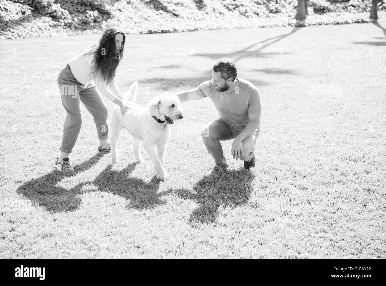 Glückliches Paar von Mann und Frau spielen mit Hund im Sommer Park grünen Gras, Glück Stockfoto