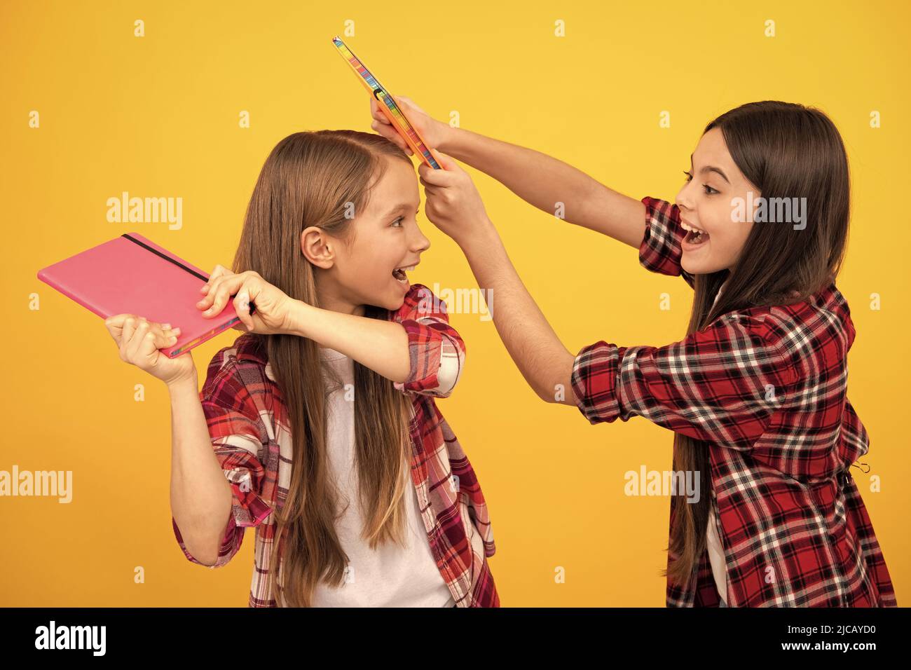 Glückliche Teenager-Mädchen im karierten Hemd spielen mit Notebooks, positive Emotionen Stockfoto