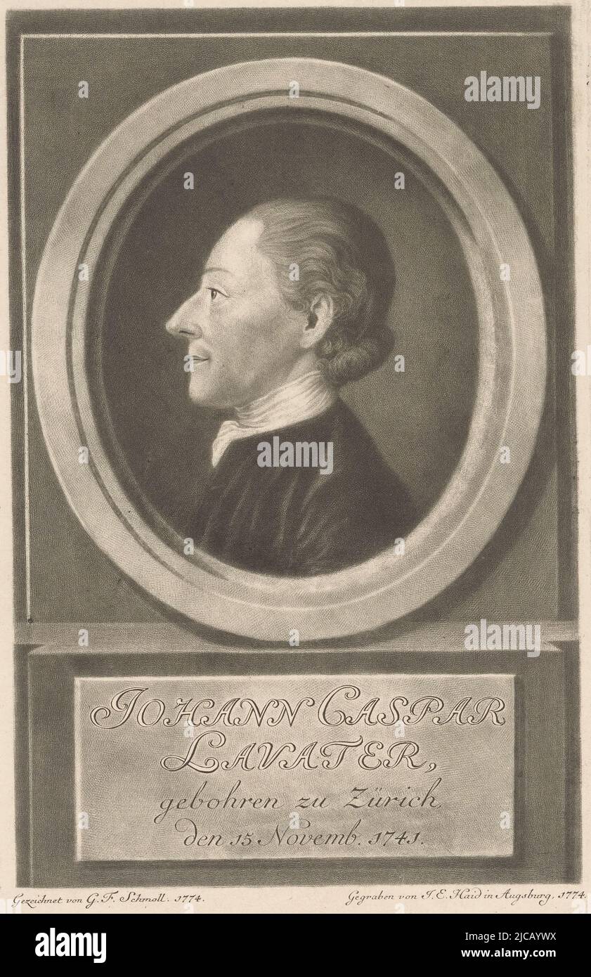 Porträt von Johann Caspar Lavater, Druckerei: Johann Elias Haid, (auf Objekt erwähnt), Zeichner: Georg Friedrich Schmoll, (auf Objekt erwähnt), Augsburg, 1774, Papier, H 219 mm - B 138 mm Stockfoto