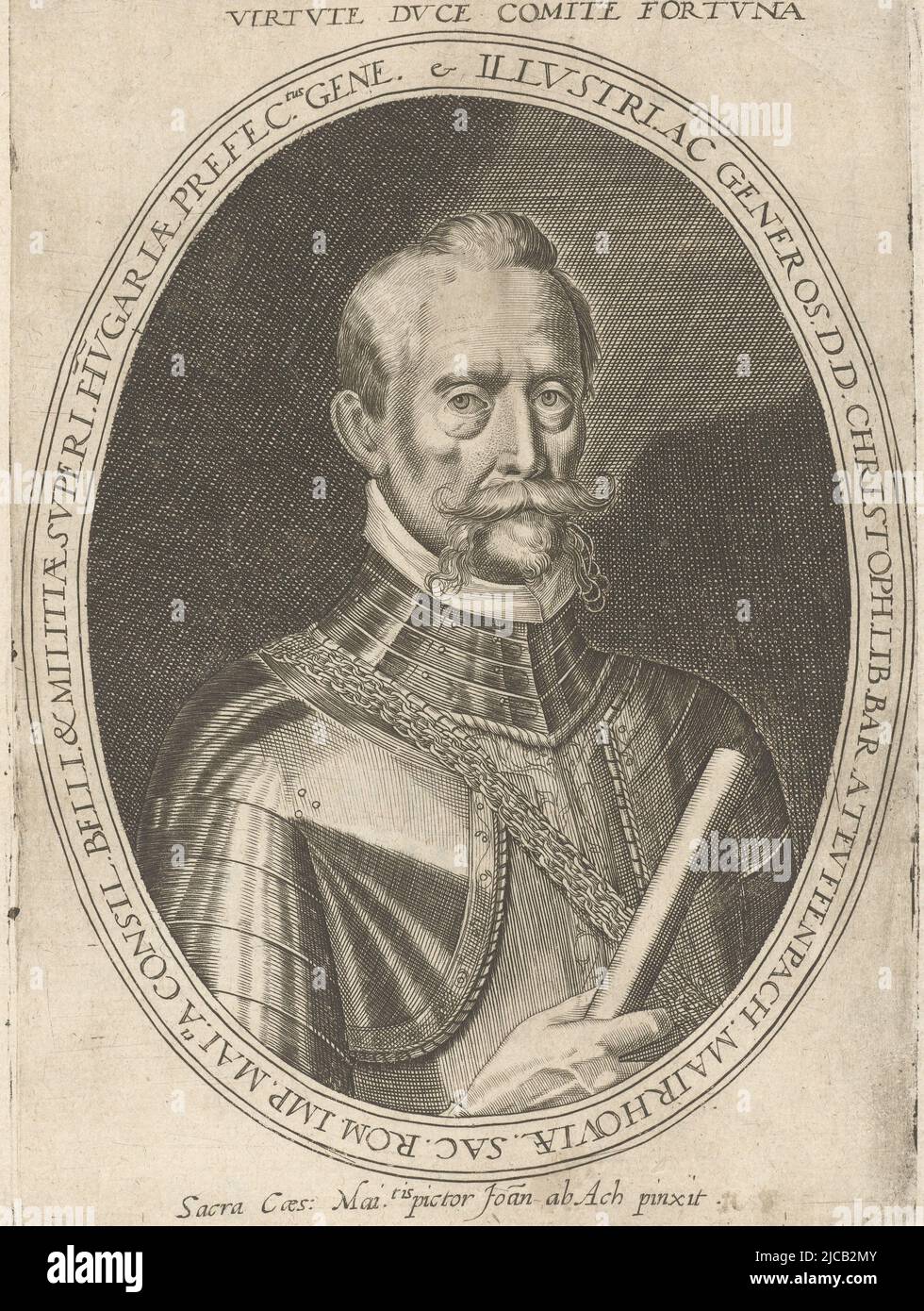 Christopher von Tiefenbach, freiherr von Tiefenbach-Mayrhofen und Kommandant der kaiserlichen Armee während des Krieges gegen die Osmanen Büste nach rechts, in Rüstung, mit Schlagstock in der rechten Hand Porträt in Oval mit Randschrift, Porträt von Christopher von Tiefenbach, Johann Sadeler (I), Druckerei: Anonym, nach: Hans von Aachen, (erwähnt auf Objekt), c. 1593 - 1643, Papier, Gravur, H 189 mm × B 132 mm Stockfoto