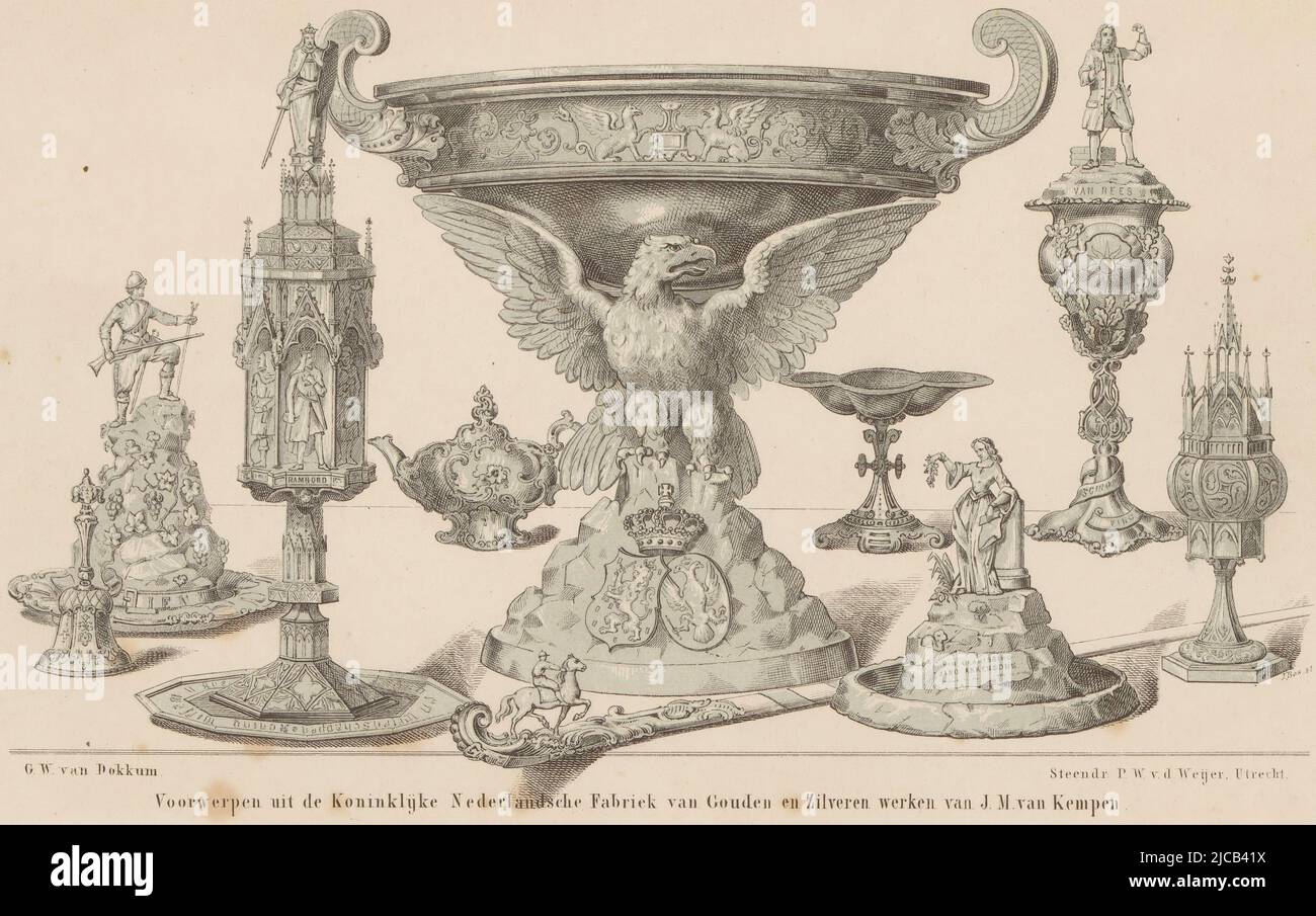 Der Bildunterschrift zufolge wurden die Objekte auf der Industrieausstellung der Provinz Utrecht 1858 in der Mitte einer Schüssel oder einer Taufbecken um sie herum liturgische Gefäße und andere Gegenstände gezeigt, Silberobjekte aus der Fabrik von JM van Kempen Objekte aus der Royal Dutch Factory of Gold and Silberery von JM van Kempen , Druckerei: Jan Bos, (auf Objekt erwähnt), Gerardus Willem van Dokkum, (auf Objekt erwähnt), Drucker: Pieter Wilhelmus van de Weijer, (auf Objekt erwähnt), Utrecht, 1858, Papier, H 160 mm - B 240 mm Stockfoto