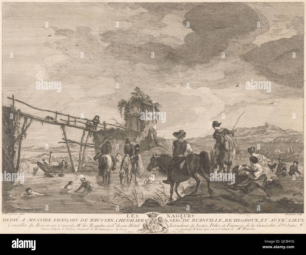 Flusslandschaft mit Schwimmern und Pferden Les nageurs , Druckerei: Pierre François Beaumont, (auf Objekt erwähnt), nach: Pouwels Joostensz. Wouwerman, (auf Objekt erwähnt), nach: Philips Wouwerman, (auf Objekt erwähnt), Druckerei: Frankreich, Verlag: Paris, 1733 - 1769, Papier, Radierung, H 346 mm × B 456 mm Stockfoto