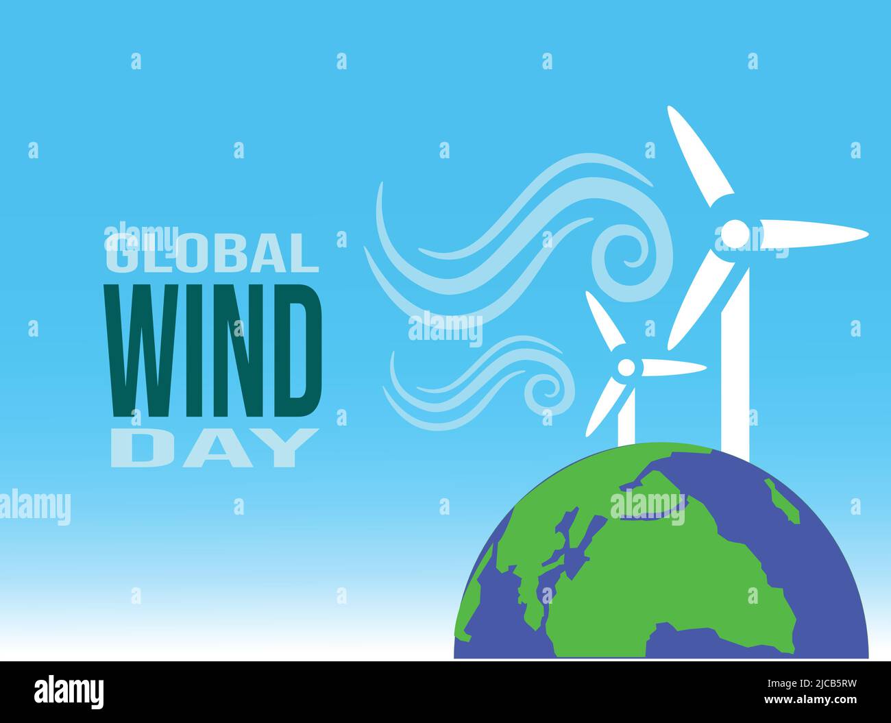 Global Wind Day Poster, Erde und Windturbinen mit blauem Himmel Vektor-Illustration Stock Vektor