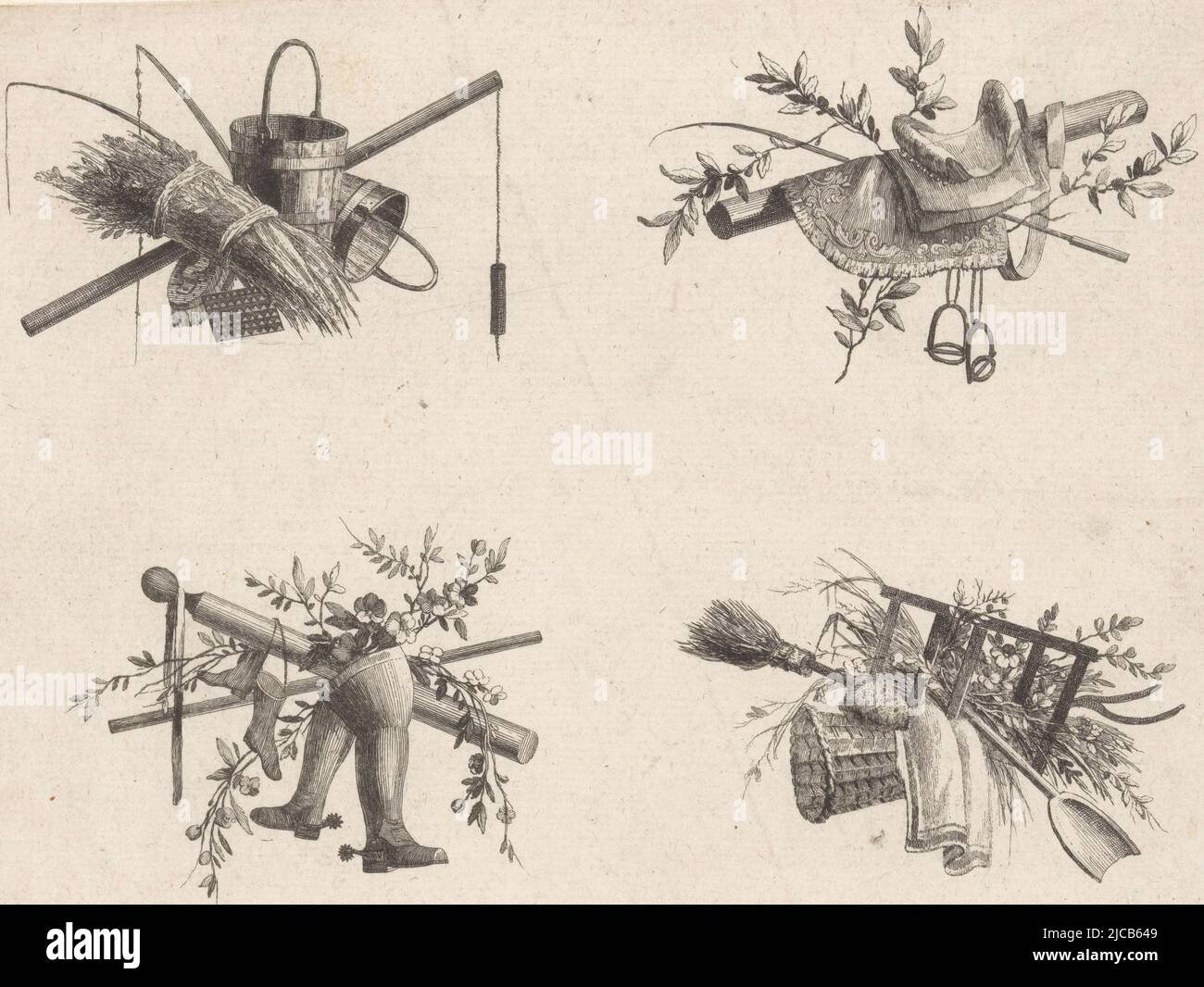 Sechs Trophäen mit Reiteigenschaften wie Peitschen, Eimer, Sättel, Steigbügel, Stiefel und Besen, Trophäen mit Pferdeeigenschaften Iie Cahier de troph, Druckerei: Pierre Gabriel Berthault, Vermittlerin Zeichner: Pierre Ranson, Verlag: Charles Le Père & Pierre-Michel Avaulez, Paris, 1772 - 1779, Papier, Radierung, H 238 mm × B 200 mm Stockfoto