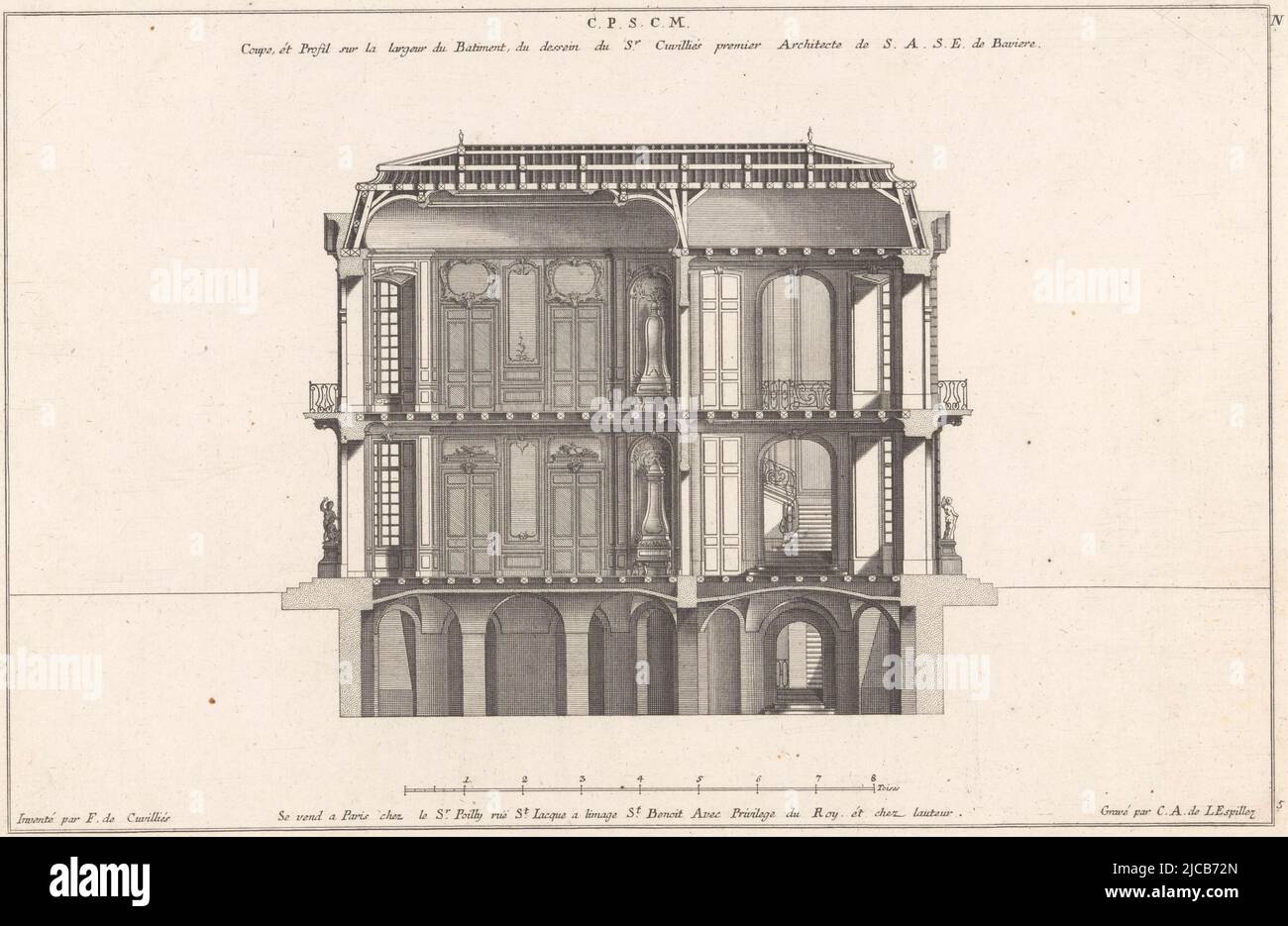 Querschnitt eines dreistöckigen Landhauses, Querschnitt des Landhauses Landhaus 13me Livre N Plan d'une Maison de Campagne , Druckerei: Carl Albert von Lespilliez, (auf Objekt erwähnt), François de Cuvilliés (Sr.), (auf Objekt erwähnt), François de Cuvilliés (Sr.), (auf Objekt erwähnt), Deutschland, Paris, 1745, Papier, Gravur, H 234 mm × B 356 mm Stockfoto