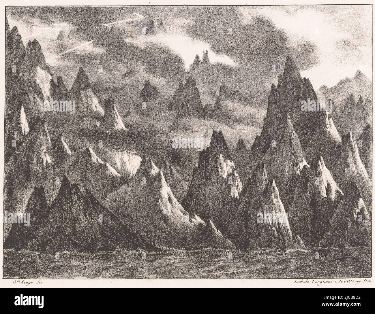 Vulkanische Berge von Timor Montagnes vulcaniques de Batougued, Druckerei: Jacques Etienne Victor Arago, (auf Objekt erwähnt), Drucker: Pierre Langlumé, (auf Objekt erwähnt), Paris, 1822, Papier, H 275 mm - B 356 mm Stockfoto