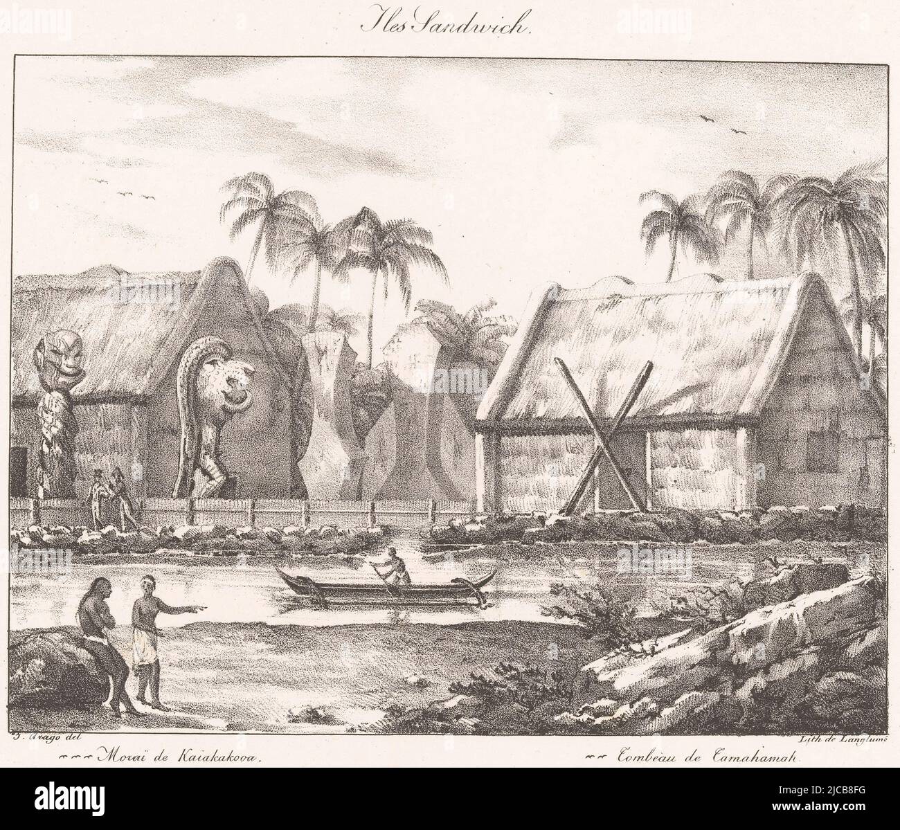 Erfrischungsbereich auf Hawaii mit Grab Iles Sandwich Relche a Owhyh, Druckerei: Jacques Etienne Victor Arago, (auf Objekt erwähnt), Drucker: Pierre Langlumé, (auf Objekt erwähnt), Paris, 1822, Papier, H 270 mm - B 360 mm Stockfoto