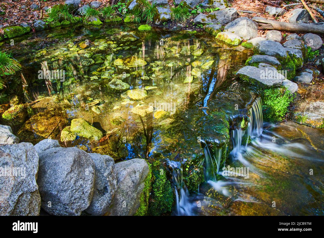 Kleine Quelle mit moosigen Felsen und Wasserfällen Stockfoto