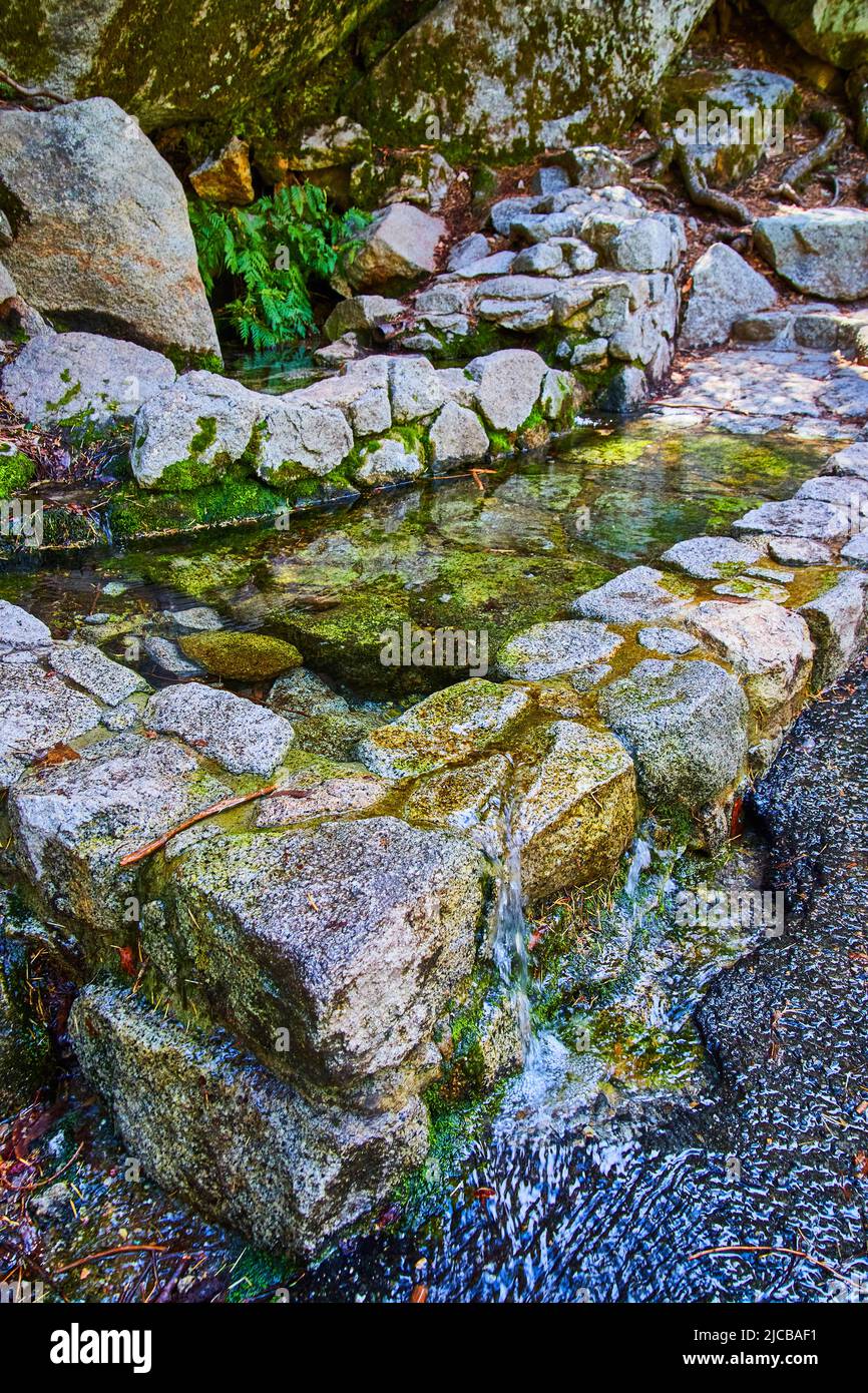 Von Menschen anmutende, natürlich aussehende Wasserlache, die auf den Pfad überläuft Stockfoto