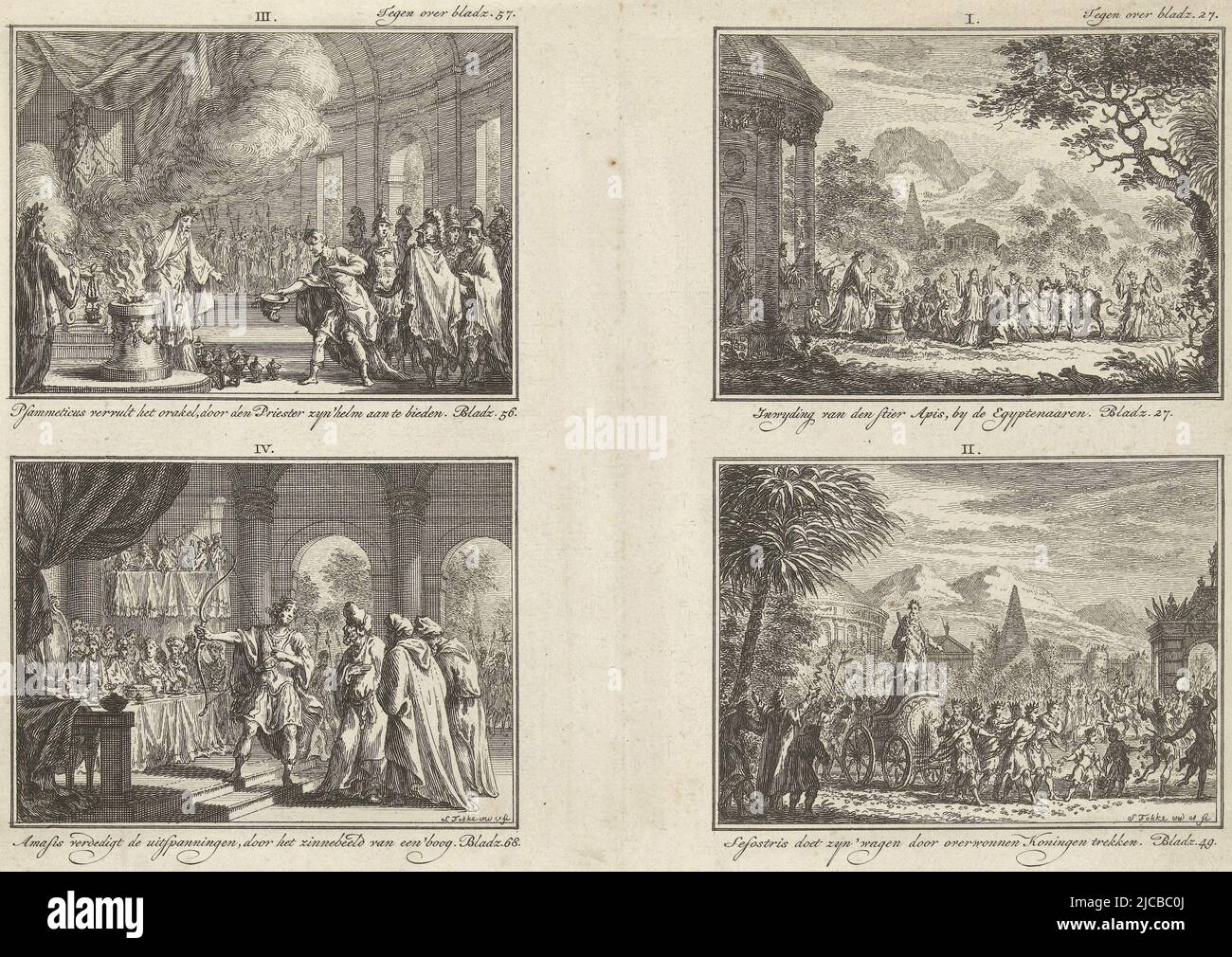 Vier Darstellungen der klassischen Geschichte auf einer Platte, nummeriert von I bis IV und alle mit Bildunterschriften oben rechts: Initiation des Bullen APIs unten rechts: Sesostris lässt seinen Wagen von eroberten Königen ziehen oben links: Psammetichus erfüllt das orakel unten links: Amasis mit Pfeil und Bogen Bilder I und II oben rechts markiert: Gegenüber Seite 27 Bilder III und IV oben rechts markiert: Gegenüber Seite 57, vier Darstellungen aus der klassischen Geschichte Illustrationen aus der klassischen Geschichte, Druckerei: Simon Fokke, (auf Objekt erwähnt), Simon Fokke, (auf Objekt erwähnt), Amsterdam, 1722 - 1784 Stockfoto