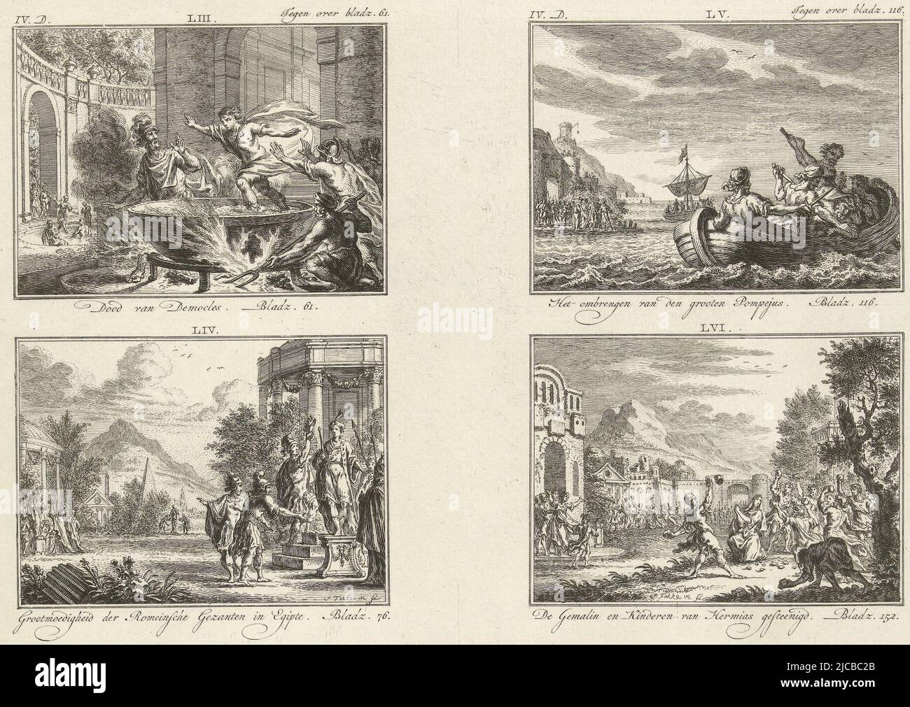 Vier Illustrationen der klassischen Geschichte von einer Platte, nummeriert von LIII bis LVI und alle mit Bildunterschriften oben links: Tod von Demokles unten links: Großmut römischer Gesandter in Ägypten oben rechts: Tod von Pompey unten rechts: Ehefrau und Kinder von Hermias zu Tode gesteinigt Vertretungen LIII und LIV oben rechts markiert: Gegenüber Seite 61 Darstellungen LV und LVI oben rechts markiert: Gegenüber Seite 116, vier Darstellungen aus der klassischen Geschichte Illustrationen aus der klassischen Geschichte , Druckerei: Simon Fokke, (auf Objekt erwähnt), Simon Fokke, (auf Objekt erwähnt), Amsterdam, 1722 - 1784 Stockfoto