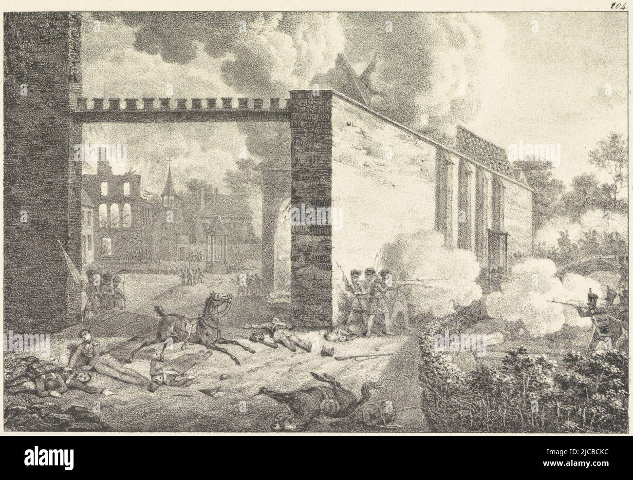 Kämpfe in und um die Hougoumont- oder Goumont-Schlossfarm in Braine l' Alleud, wo die Franzosen unter dem Kommando von Jerome Bonaparte vergeblich versuchen, den Ferme zu erobern, Teil der Schlacht von Waterloo, 18. Juni 1815, Nummer oben rechts: 204, Kämpfe auf dem Hougoumont-Bauernhof, 1815 Le Chateau et la Ferme d'Hougoumont , Druckerei: Jean Baptiste Ambroise Marcellin Jobard, Brüssel, 1823 - 1825, Papier, H 244 mm × B 313 mm Stockfoto