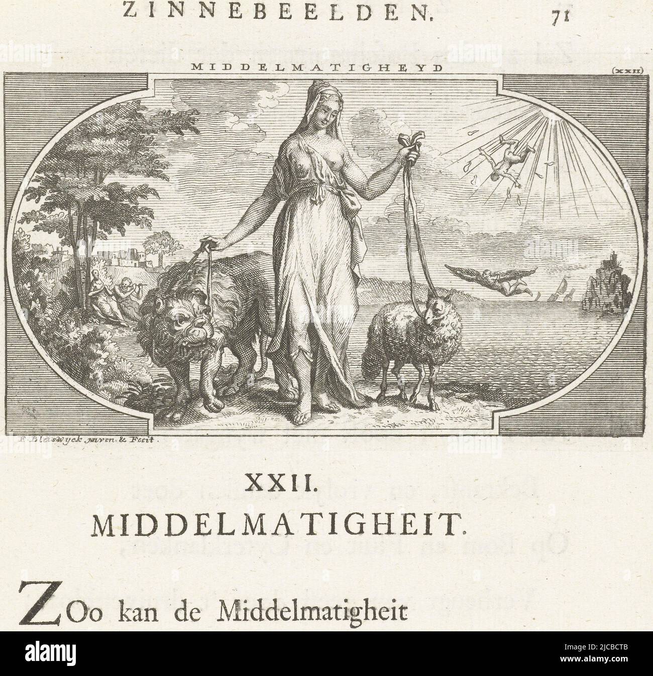 Emblem mit Allegorie der Nachdenklichkeit oder Zurückhaltung, im Titel durch veralteten Begriff Mittelmäßigkeit bezeichnet, dargestellt als Frau hält Lamm und Löwe durch einen Zügelwurf in der Landschaft hinter ihr sehen wir Icarus in Schwierigkeiten, Das Wachs in seinen Flügeln schmilzt von der Hitze der Sonne und er stürzt ab, keine absichtliche Handlung unter dem Prolog ist ein Gedicht, das rückseitig fortgesetzt wird, Emblem mit Allegorie auf Nachdenklichkeit Mittelmäßigkeit Mittelmäßigkeit , Druckerei: François van Bleyswijck, (auf Objekt erwähnt), François van Bleyswijck, (auf Objekt erwähnt), Leiden, 1681 - 1737 und/oder 1737, Papier, Radierung, H 196 mm × B 151 mm Stockfoto