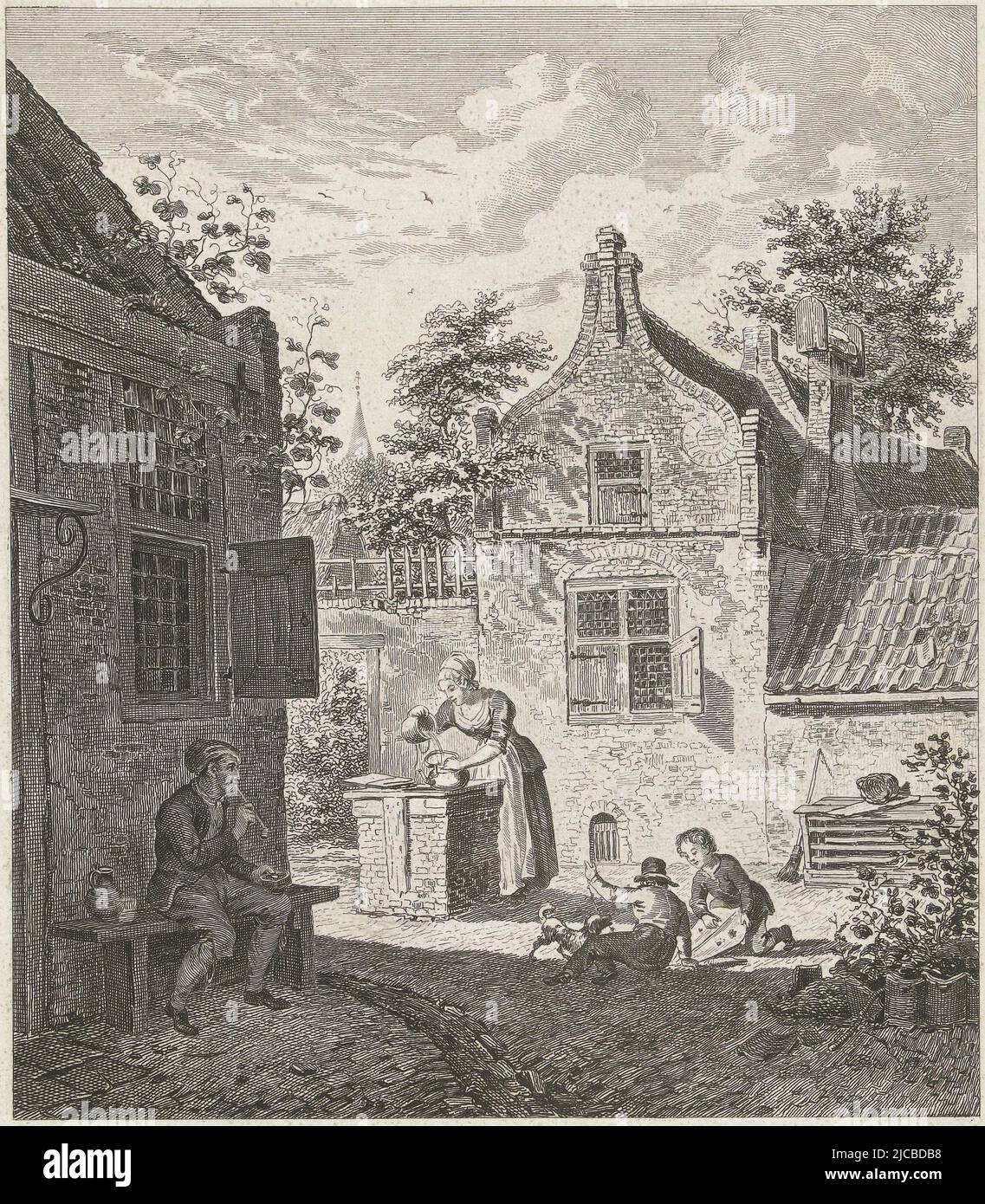 Innenhof mit Rauchrohr auf Bank und Frau, die den Wasserkessel mit Wasser aus dem Brunnen füllt zwei Kinder, die mit einem Hund spielen, der an der Drachenseihe zieht, Hof mit spielenden Männern und Frauen und Kindern, Druckerei: Johannes Alexander Rudolf Best, Amsterdam, 1807 - 1855, Papier, Radierung, H 269 mm × B 223 mm Stockfoto